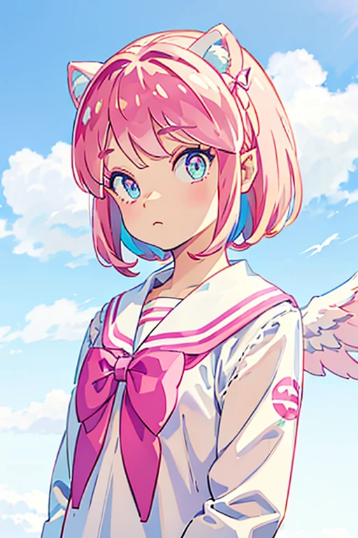 skistyle, 1girl in, Solo, Pink hair, Animal ears, Blue eyes, Wings, Looking at Viewer, Bangs, Short hair, Bow, Sailor collar, white Sailor collar, hair Bow, pink Bow, Closed mouth, Shirt, white Shirt, Bear ears, bob cuts, mini Wings, Portrait, detached Wings, makeup, Upper body, city in background