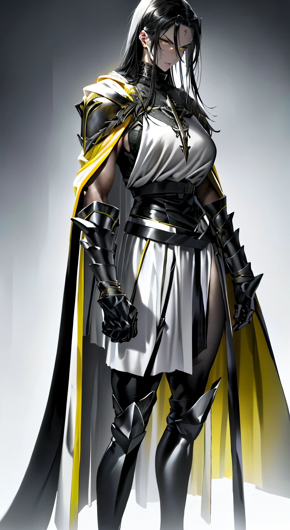 girl (1girl muscular grey background pale skin bodybuilder) toned body large breasts thin waist black hair yellow eyes straight hair sweaty hair between eyes skintight , epic realism, Full body, knight templar, crusader knight, Templar Helmet, Templar Armor, sideboob