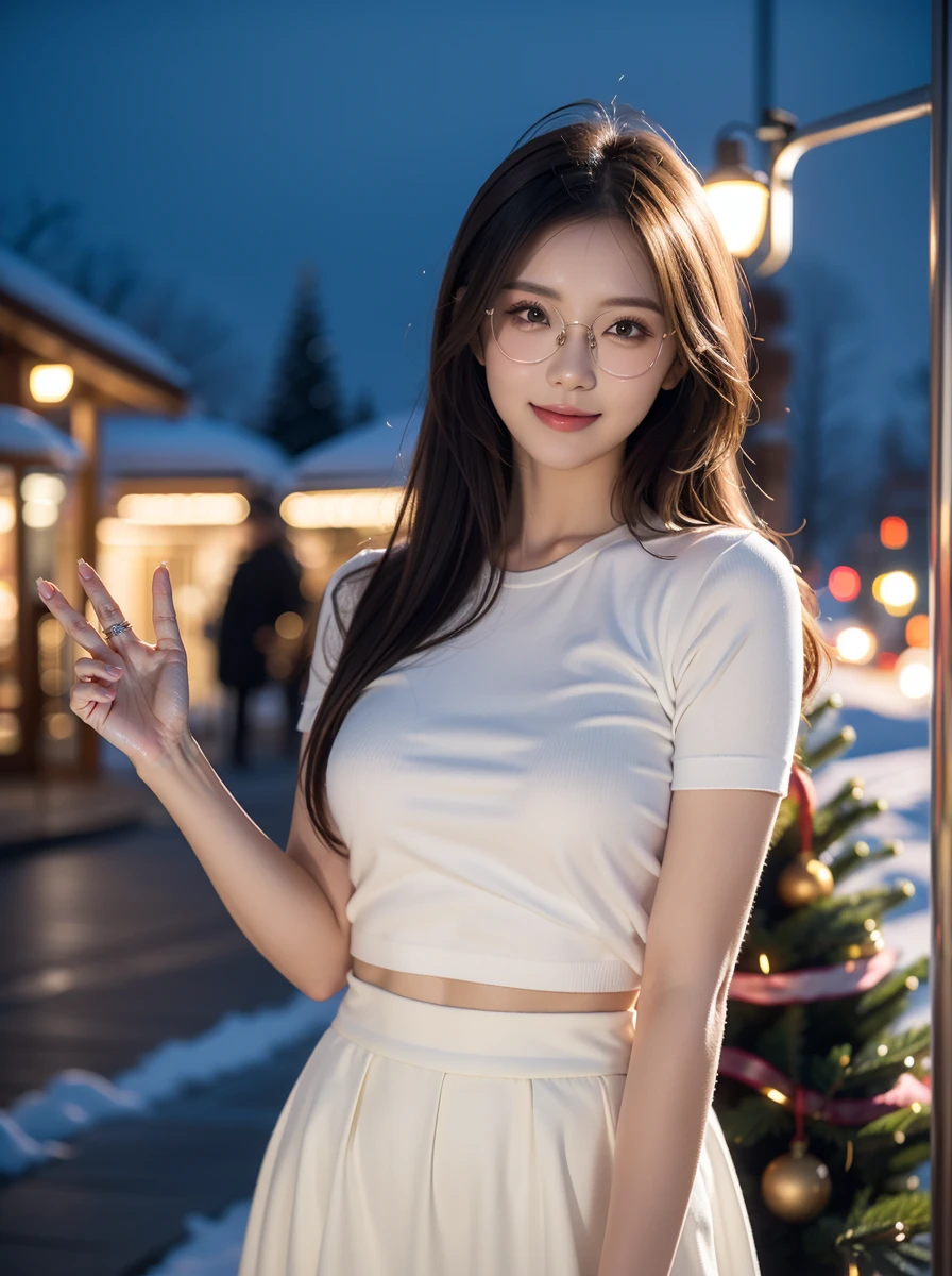 official art, unity 8k wallpaper, good detailed, beautiful and aesthetic, beautiful, masterpiece, best quality, Calming Palette, Tranquil Mood, Soft Shading, pastel color, 1girl, solo,__body-parts__,__on-off__,__hairstyles__, (smile), eye-glasses, perfect hand, perfect fingers, christmas outfit, shirt, blouse, long skirt, edgy pose, contrapposto, trendy, stylish, cute, intricate background, outdoors, christmas tree, december, snow, night, party