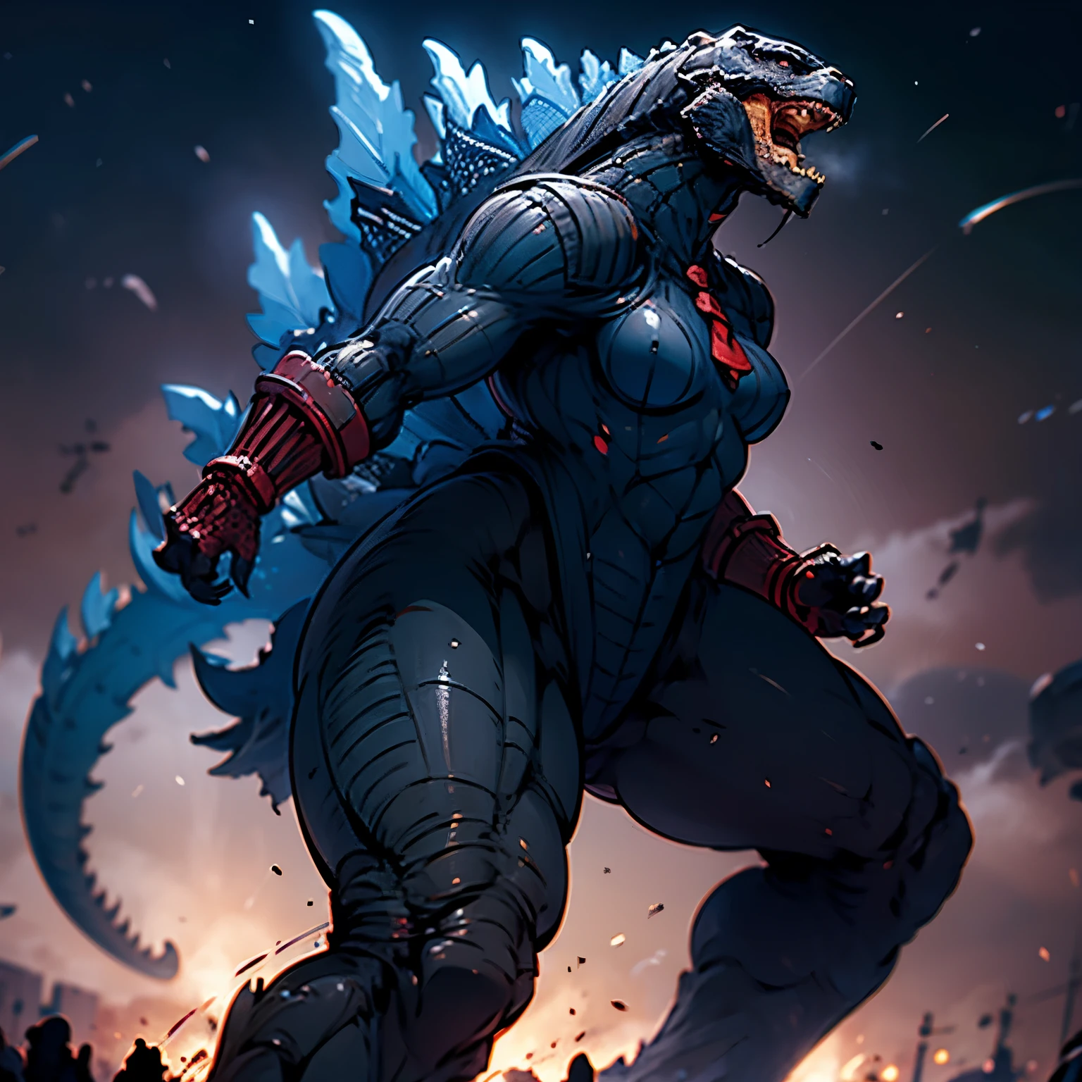 Godzilla, no human, ultra-detailed, Explicit, Beautiful body, Beautiful Nose, Beautiful character design, perfect eyes, perfect face, ultra highres, 4K, beautiful legs, perfect legs, Nice hands, Perfect hand, Masterpiece, Best Quality, Highly detailed, illustration, absurdres, street fighter, doll suit, shadaloo doll, dollsuit, looking at viewer, red gloves,