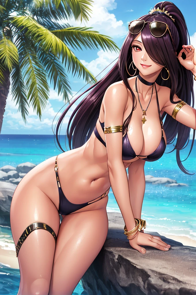 (masterpiece:1.2), (best quality), (ultra detailed), (8k, 4k, intricate), (highly detailed:1.2),(detailed face:1.2), (detailed background),detailed landscape, (dynamic pose:1.2), fuumasaika 1girl, solo, long hair, breasts, looking at viewer, smile, large breasts, red eyes, navel, cleavage, jewelry, collarbone, swimsuit, ponytail, purple hair, bikini, earrings, outdoors, choker, day, shiny, necklace, hair over one eye, bracelet, tree, thigh strap, beach, sunglasses, eyewear on head, o-ring, sand, palm tree, o-ring bikini, starfish