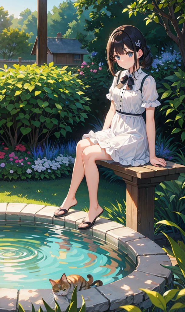 A girl sits on a chair with a round-eyed cute cat, Garden fountain, , Distant houses.