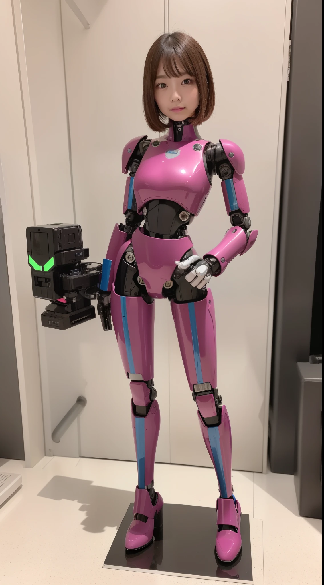 (Photorealsitic:1.4)、One girl、(top-quality)、(hyperdetailed face)、(Super well-formed face)、((Robot Parts))、(Robot Girl)、(Blue)、(pink there)、(Burgundy)、(metallic)、(Full body)、(sexy pose)、(Slender body)、(Model body type)、(full body mech)、(Akihabara)、(is looking at the camera)、(A dark-haired)、(Well-proportioned girl)、(a small face)、(Idol)、(front facing)、(Standing with legs open)、(Photo session)、(Looks sad)、(Perfect Robot Girl)、(Perfect machine body)