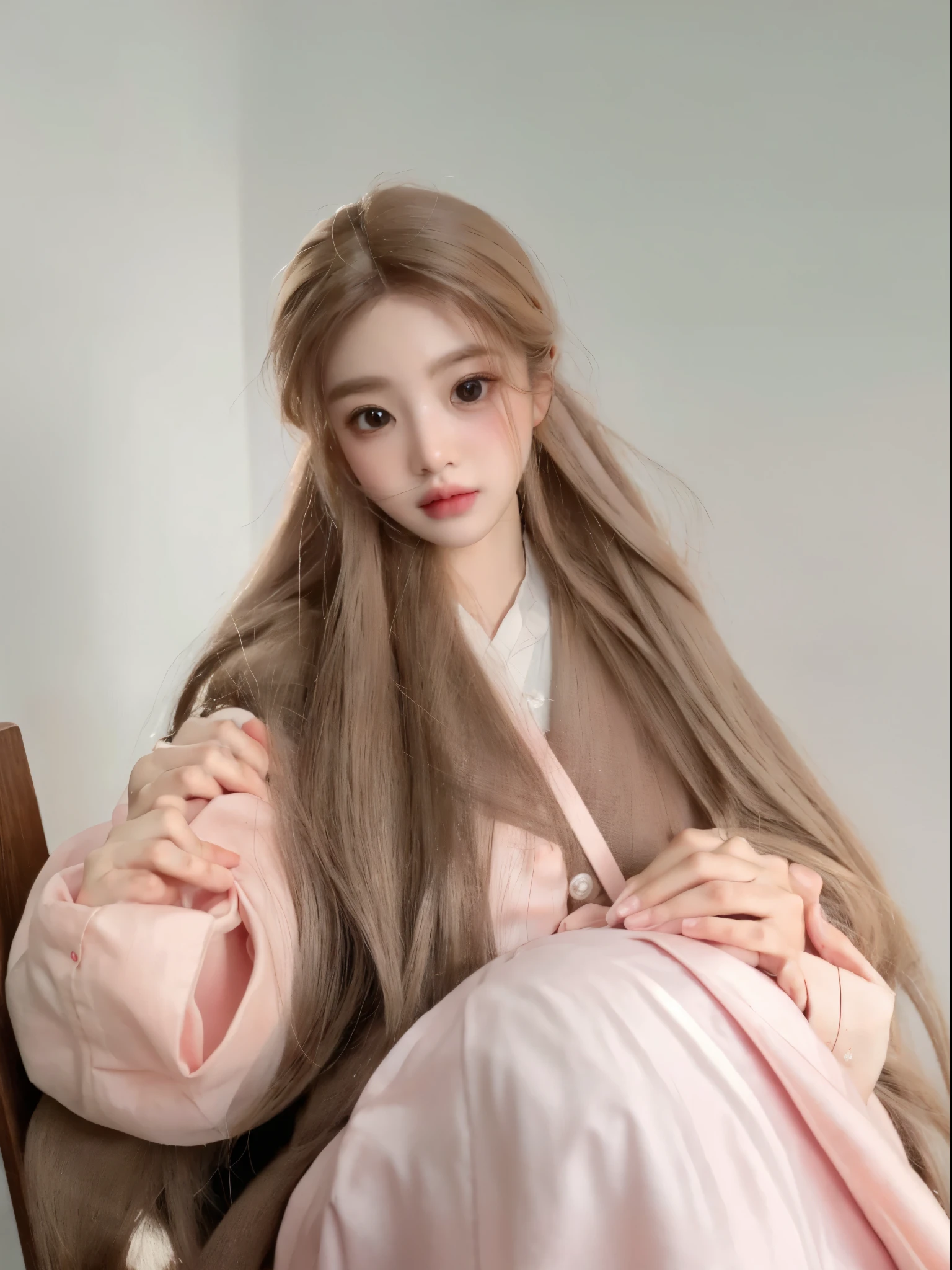 There is a doll with long hair sitting on the chair, ball jointed doll, Hyper-realistic schoolgirl, a Hyper-realistic schoolgirl, realistic school girl, Art dolls, The face is very detailed, Surreal sweet bunny, sakimicchan, kawaii realistic portrait, side up, Detailed picture, Hyper-realistic , Detailed picture, lust, bjd