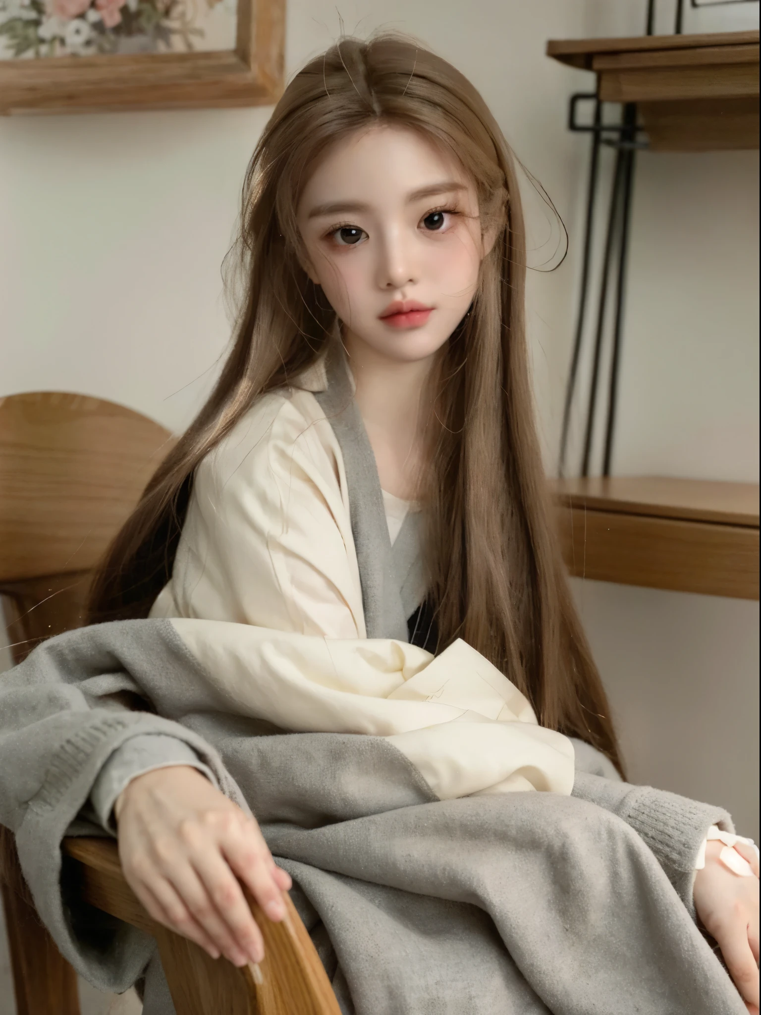 There is a doll with long hair sitting on the chair, ball jointed doll, Hyper-realistic schoolgirl, a Hyper-realistic schoolgirl, realistic school girl, Art dolls, The face is very detailed, Surreal sweet bunny, sakimicchan, kawaii realistic portrait, side up, Detailed picture, Hyper-realistic , Detailed picture, lust, bjd