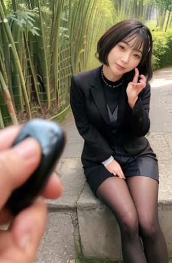 ((1人の女性,The most beautiful faces in Japan,40 years,Old face,A MILF,There are wrinkles at the corners of the eyes,a park,Shot up close,Looking at the camera,View here)),((((Black shirt,Black suit jacket,Black skirt)))),((pearls necklace,Classy hairstyle,natural make up,The chest is very bulging,Smile here,Lowered eyebrows,drooping eyebrows,Staring at them with an adorable expression,stand in front of a bamboo forest,Wearing black high heels,Looking at the camera,look at a camera,Take a photo above from your lap)),((Turn to this,View here,Perfect fingers,perfect arms,细致背景,top-quality,The ultra -The high-definition,Perfect Anatomy,high-definition RAW color photography,professional photograpy, extremely delicate and beautiful, Extremely detailed,finely detail, Huge file size,Top image quality,8K,Award-Winning Works,masutepiece)),(((Black pantyhose:1.3,Her pantyhose is transparent and her thighs are visible..........))),(remote Play:1.5), remote_vibrating,