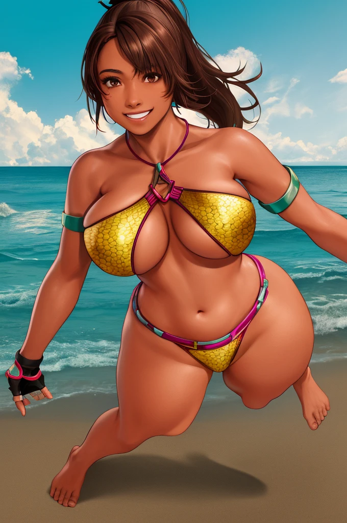 Christie, long brown hair, bangs, ponytail, dark skin dark skinned, brown skin brown skinned, brown eyes, smiling, toned body, narrow waist, wide hips, thick thighs, solo, 1girl, 
ChriGear, fingerless gloves, underboob, barefoot, criss-cross halter top, feminine bare shoulders, armband, necklace, hip cutout, beach, morning, sea, kicking, capoeira, dynamic,
(insanely detailed, beautiful detailed face, masterpiece, best quality, absurdres, highres, 8k, high quality, high detail, cinematic lighting),  realistic