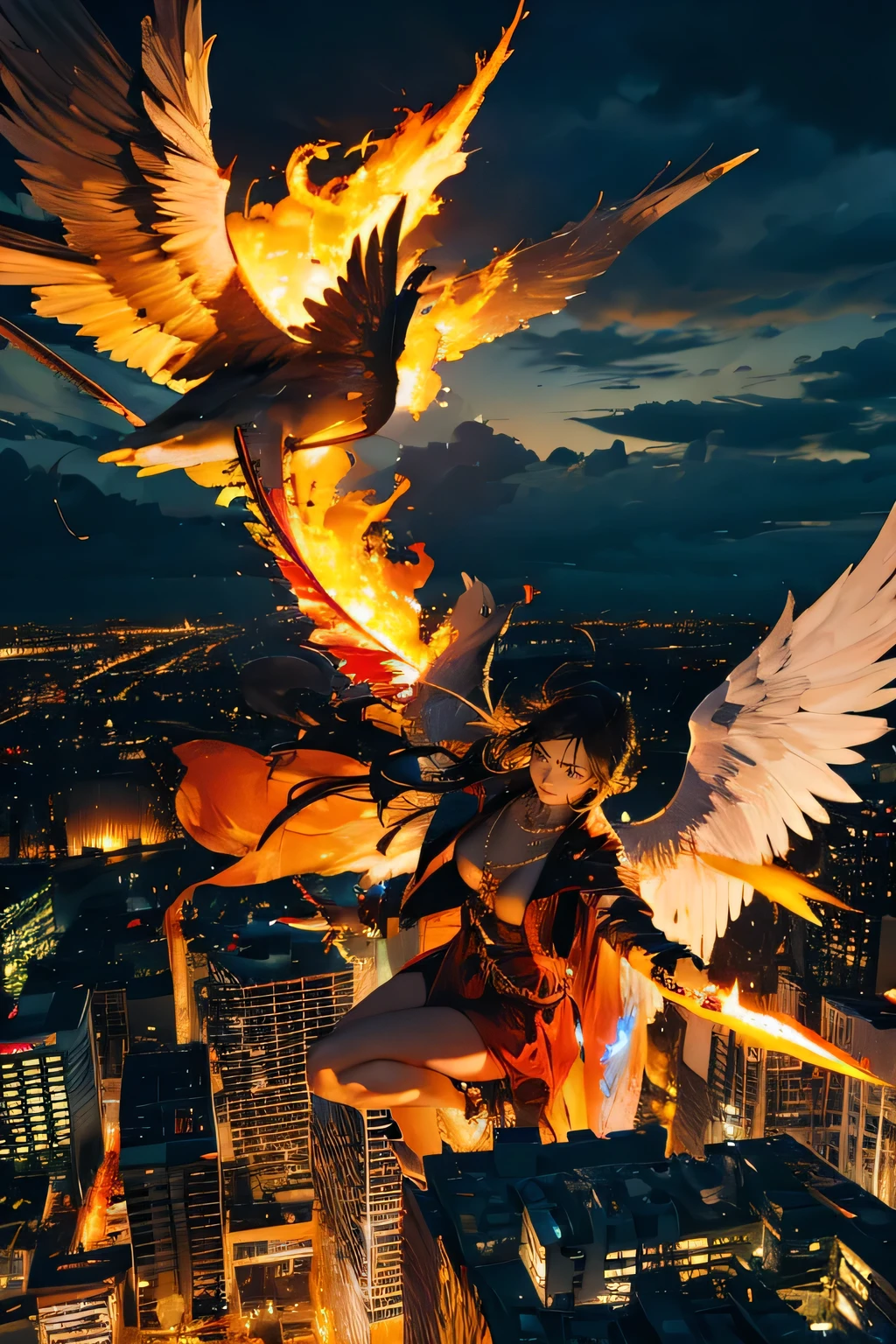 (mechanical), thunderstorm, having sword on fire, necklace on fire, (apocalypse), (flying above the city), huge angel, in the city, huge fire looks like wings, drooping eyes, sleepy,