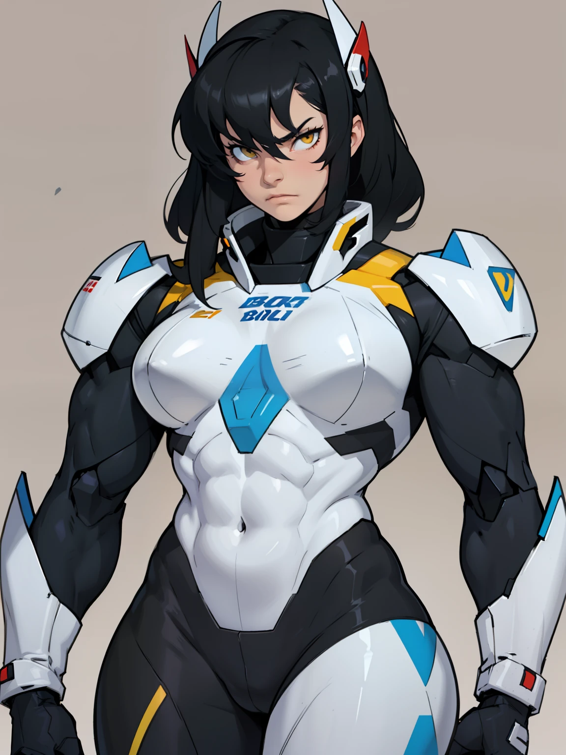 ((((muscular girl thick large breats toned body)))) sad frown girl black hair yellow eyes pale skin black mecha black mecha black mecha black mecha black mecha black mecha