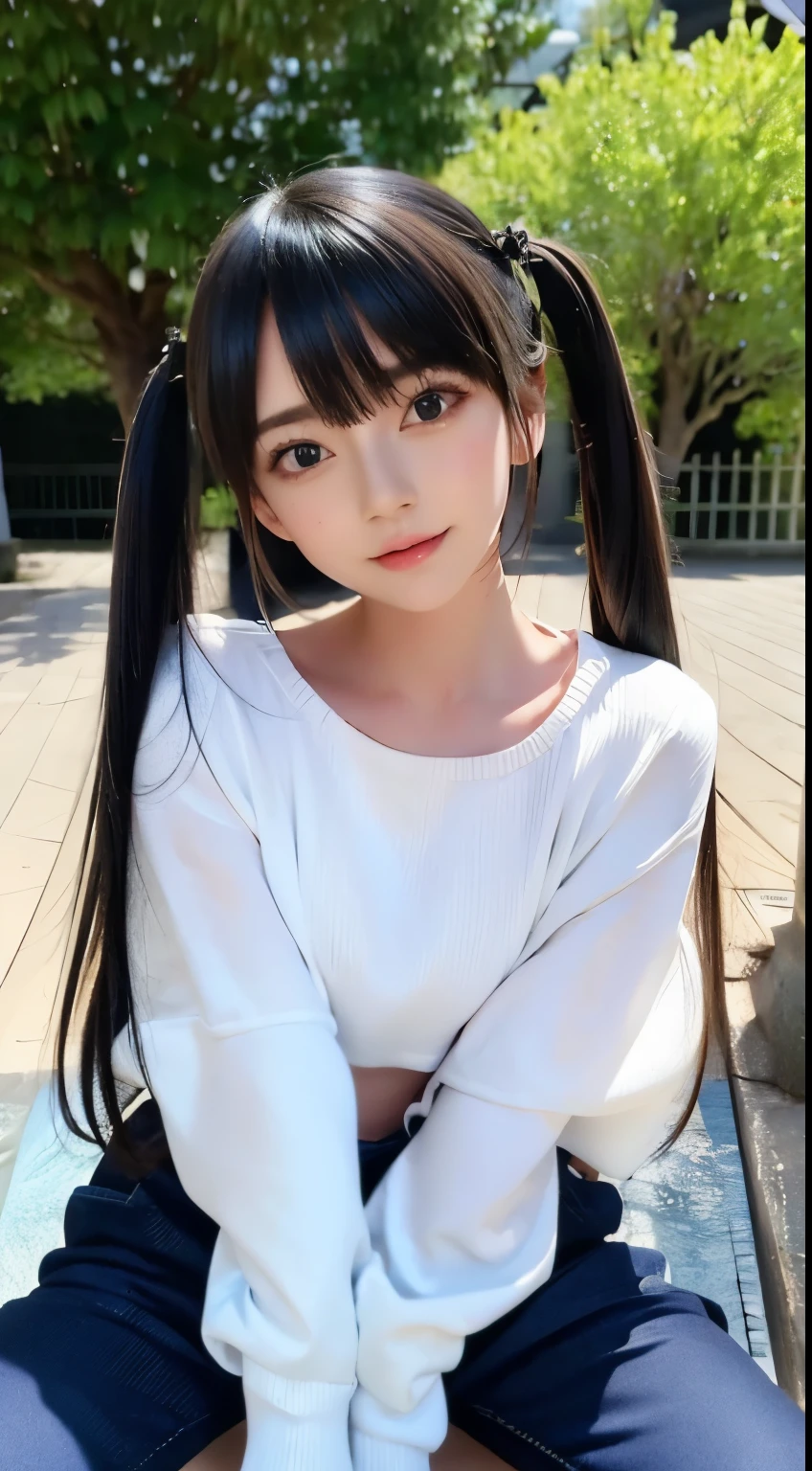 (Child face, virgin face,  Masterpiece, High resolution, 8k, 1 girl, ultra Detailed, Fine skin, white skin, Brighten the subject, cinematic lights, beautiful face, Detailed eyes, lip gloss), (((Detailed anatomy))), black hair, double buns hair, Silky straight hair, blunt bangs, Blue eyes, (slender body), (((Flat chested))), photography, (focus upper body), Sweet smile, looking at viewer, Wearing a white knit long sleeve, Wearing a white knit long sleeve, Bare neck, Bare pussy, Bare pussy, Black hair, double buns, Silky straight hair, blunt bangs, blunt bangs, seduction, sitting on bed, Spread up her legs wide, Spread up her legs wide, Spread up her legs wide, revealing her pussy, revealing her pussy, revealing her pussy,