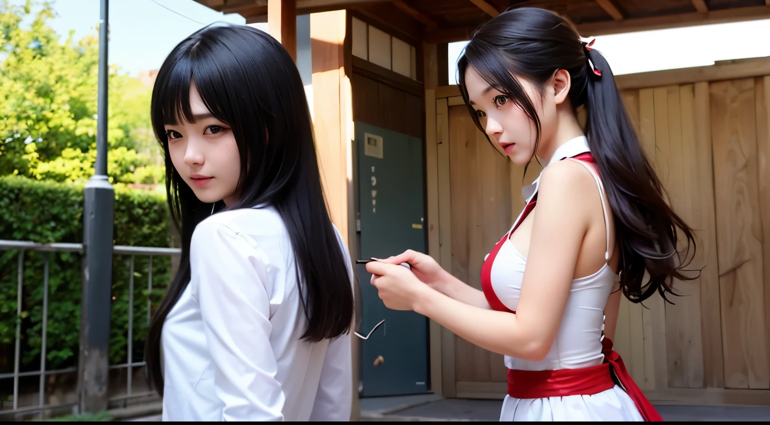 Two beautiful and adorable Japanese supermodel girls brutally lynching and abusing a man in cosplay costumes.。、　A girl in a maid uniform and a girl in a Chinese uniform high kick a man from the front and back.