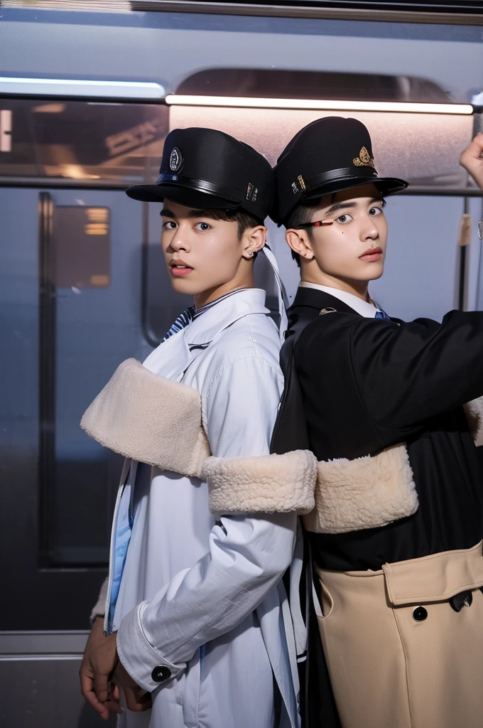 2 boy,Brown-haired boy in uniform,beautiful,spontaneous,sociable,popular appearance strong brave and determined