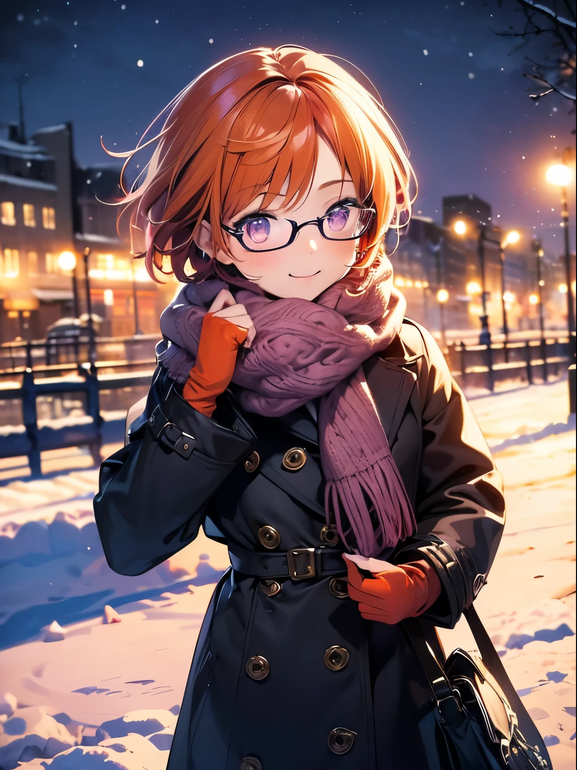 wearing a coat. high-level image quality、Manhattan, New York, (gradation hair, Dutch angle:1.3), ((Reddish-purple eyes))、 Short hairstyle、Straight short、((Orange hair))、Kawaii Girl、Wearing glasses、Dark Tone、A slight smil, Vibrant colors、Delicate drawing、film grains, chromatic abberation, 城市, masterpiece, top-quality, Raw foto, Photorealsitic, absurderes, 1girl in, cute little, Near and far law, cowboy shot, hight resolution, ultra-detailliert, Eyes and faces with detailed, Sharp pupils, Realistic pupils, foco nítido,((snowy winter night)),