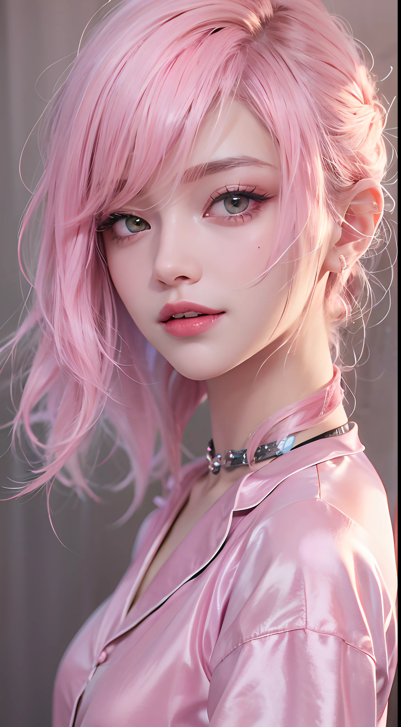 1个Giant Breast Girl,(Fascinating quality:1.4),(Highest quality authentic textured skin), s delicate face,Pink double ponytail hair, Gradient hair, (perfect body figure:1.1),heart shaped collar、long eyelasher,grinning smile, hyper photorealism, 电影灯光, expected insert, ultra-realistic realism, hyper HD, On the table,Dream is,Please wear transparent silk pajamas,Carmelto,Tattooed,Fantasy space,Luxurious space