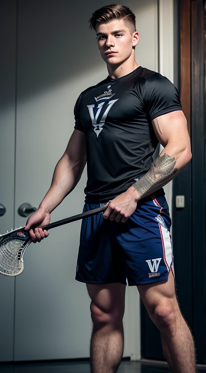 Young white man lacrosse player, ************, military haircut, black hair, intense blue eyes, intense gaze, affiliated features, no facial hair, height 1.93, weight 93 kg, muscular build, broad shoulders, V-shaped body, vikings tattoos , full body focus, completely hairless,