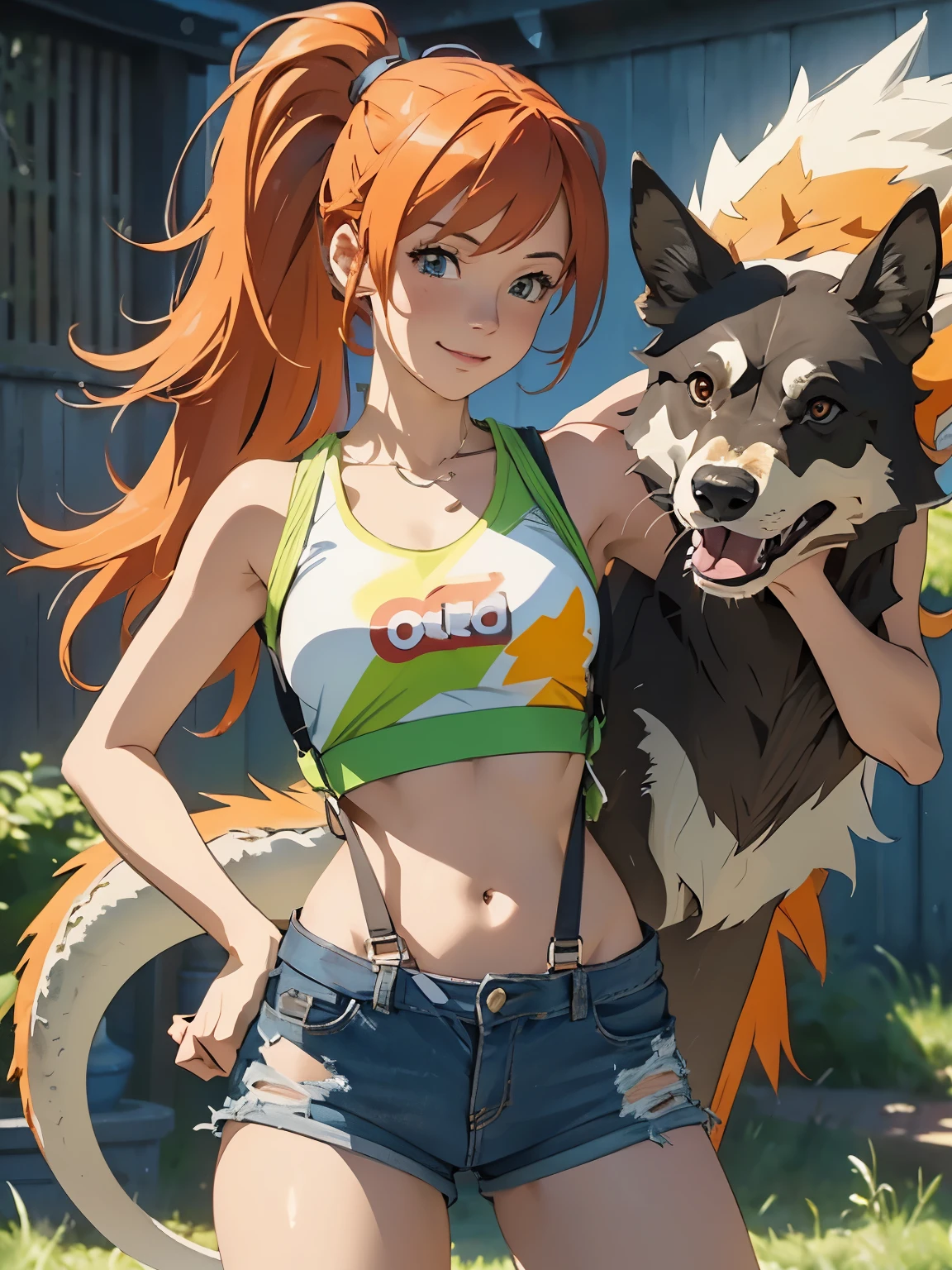 1girl, Misty from Pokémon, standing outdoors with a confident smile. Orange hair styled in a side ponytail, wearing denim shorts with suspenders, yellow crop top that shows off her midriff and navel. Yellow tank top. Cowboy shot posture exudes confidence and strength.
Misty is accompanied by a cute Dragon.
Overall, the image is a masterpiece, with high-quality details and a realistic rendering of Misty, her outfit, and her companion dragon. The colors are vivid and eye-catching, and the image is high-resolution, capturing every nuance of Misty's confident and adventurous spirit.