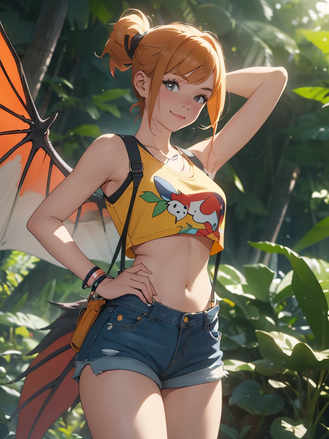 1girl, Misty from Pokémon, standing outdoors with a confident smile. Orange hair styled in a side ponytail, wearing denim shorts with suspenders, yellow crop top that shows off her midriff and navel. Yellow tank top. Cowboy shot posture exudes confidence and strength.

Misty is accompanied by a cute Dragon.

Overall, the image is a masterpiece, with high-quality details and a realistic rendering of Misty, her outfit, and her companion dragon. The colors are vivid and eye-catching, and the image is high-resolution, capturing every nuance of Misty's confident and adventurous spirit.