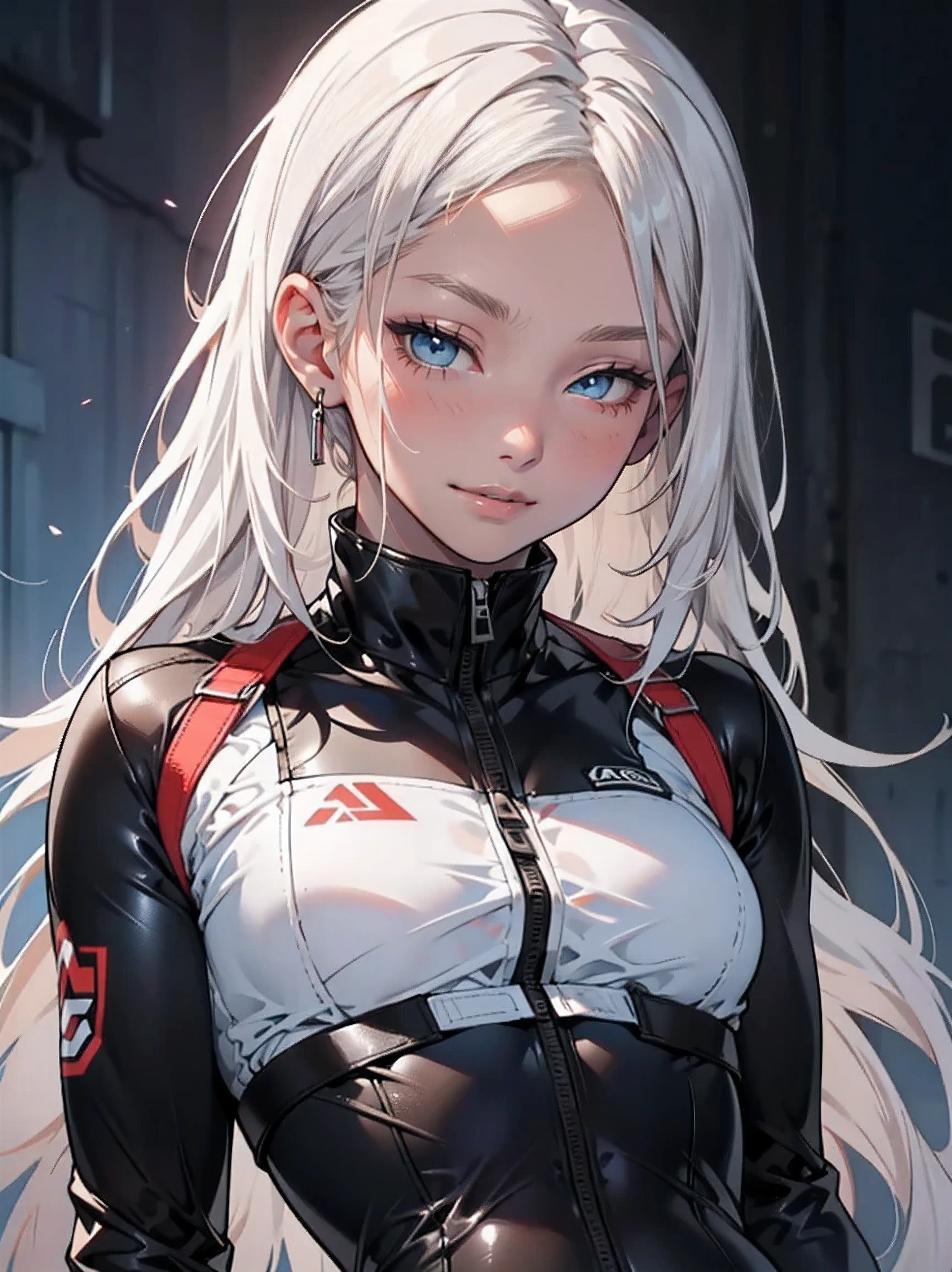 girl with、to stand,((Portrait)),top-quality、​masterpiece、Hi-Res、(((girl with1人)))、masutepiece, quality of hike,White background、(白人のgirl with), ((White long hair))),animesque,2D、((white  hair))、blue eyess,albino、Tight clothes、, open belly,black leather spats、Upper body naked、rubbersuit、(Forehead)、Gun Holder、Cheerful,Eyes closed,Laugh