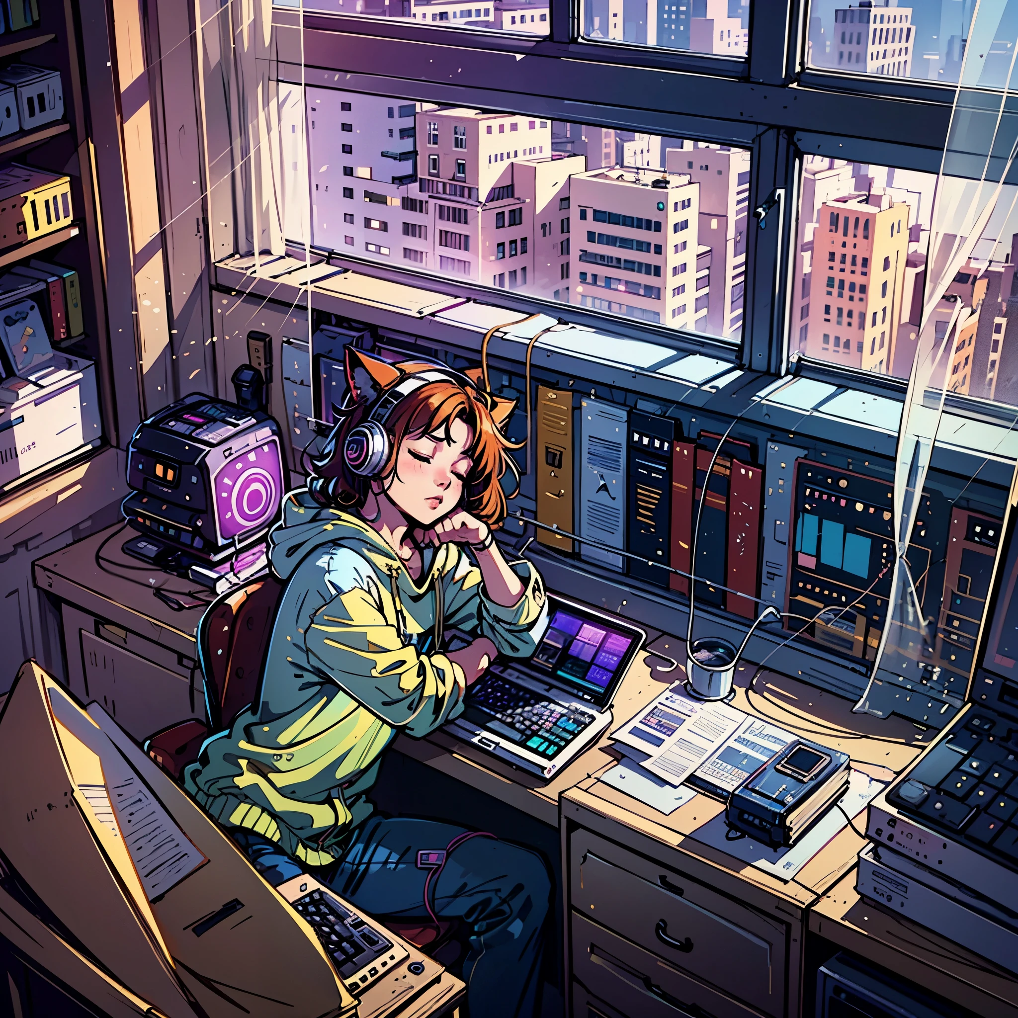 channel called Lofisational,computer desk big large window, beautiful view, Lofi boy wearing headphones, Lofi cat sleeping --auto --s2