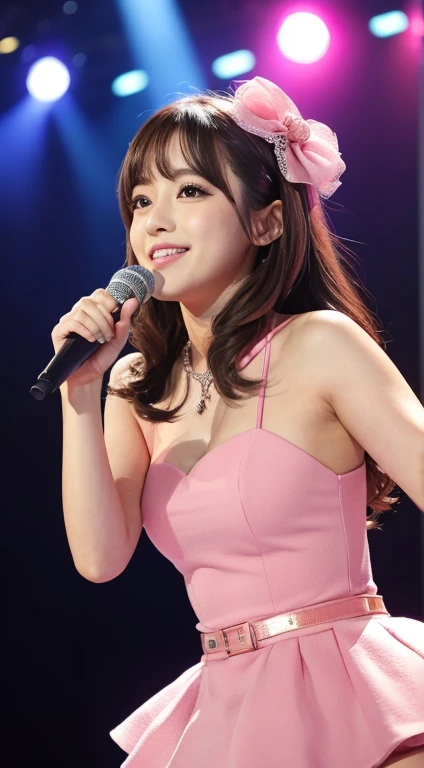 There is a woman wearing a pink dress, Twin-tailed,AKB48, stage, idol,young Japanese idol
