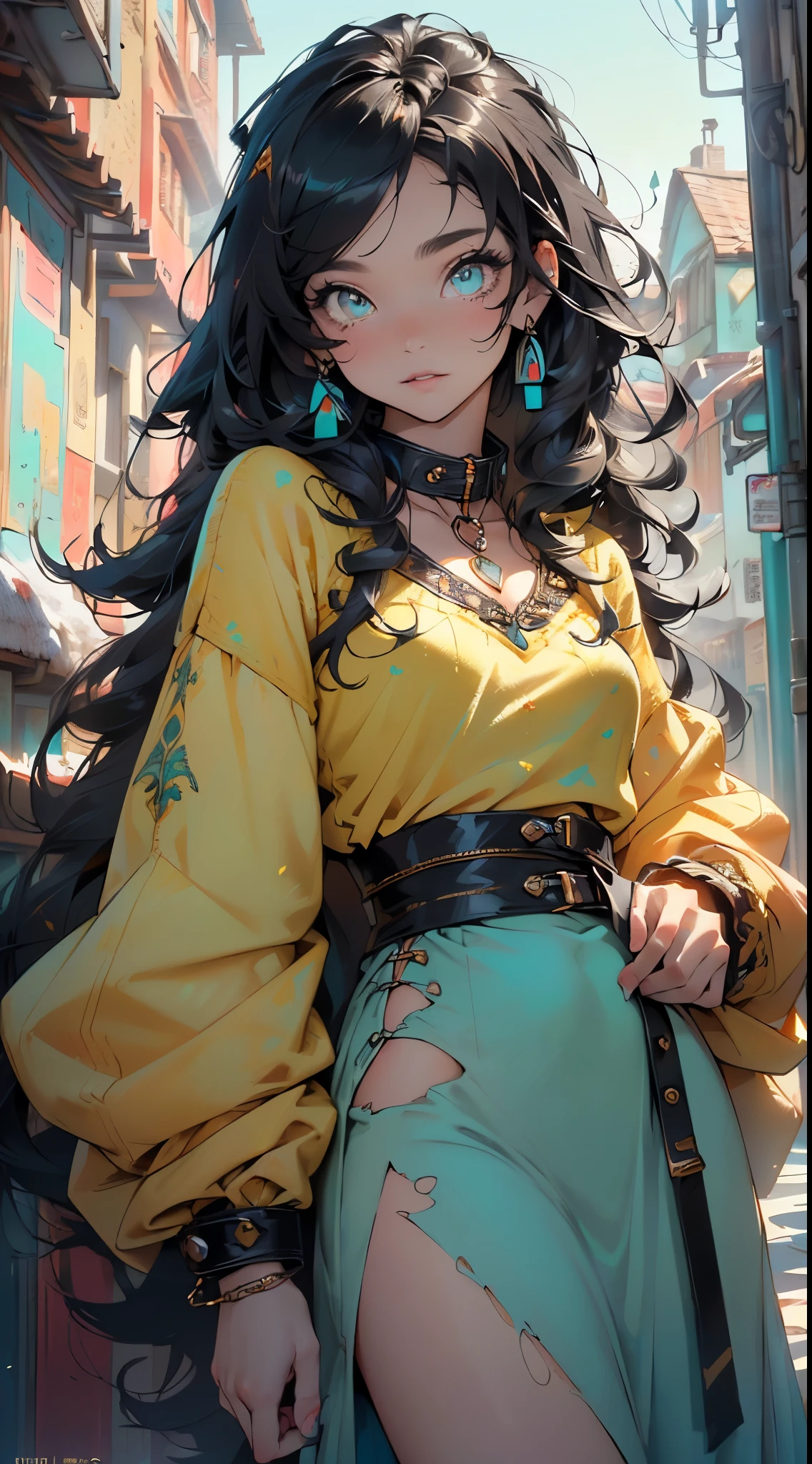A woman with long black hair and a yellow shirt is standing in a street ...