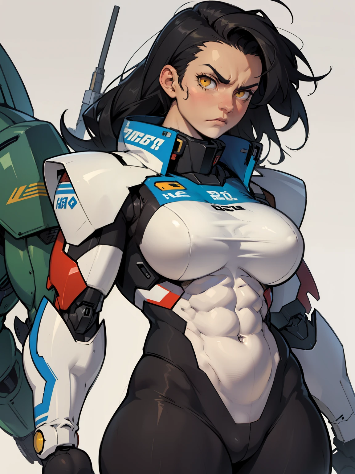 ((((muscular girl thick large breats toned body)))) sad frown girl black hair yellow eyes pale skin mecha mecha mecha mecha mecha mecha