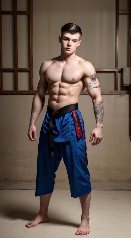 Young white man martial artist, , military haircut, black hair, intense blue eyes, intense gaze, affiliated features, no facial hair, height 1.93, weight 93 kg, muscular build, broad shoulders, V-shaped body, Oriental tattoos , full body focus, completely hairless,