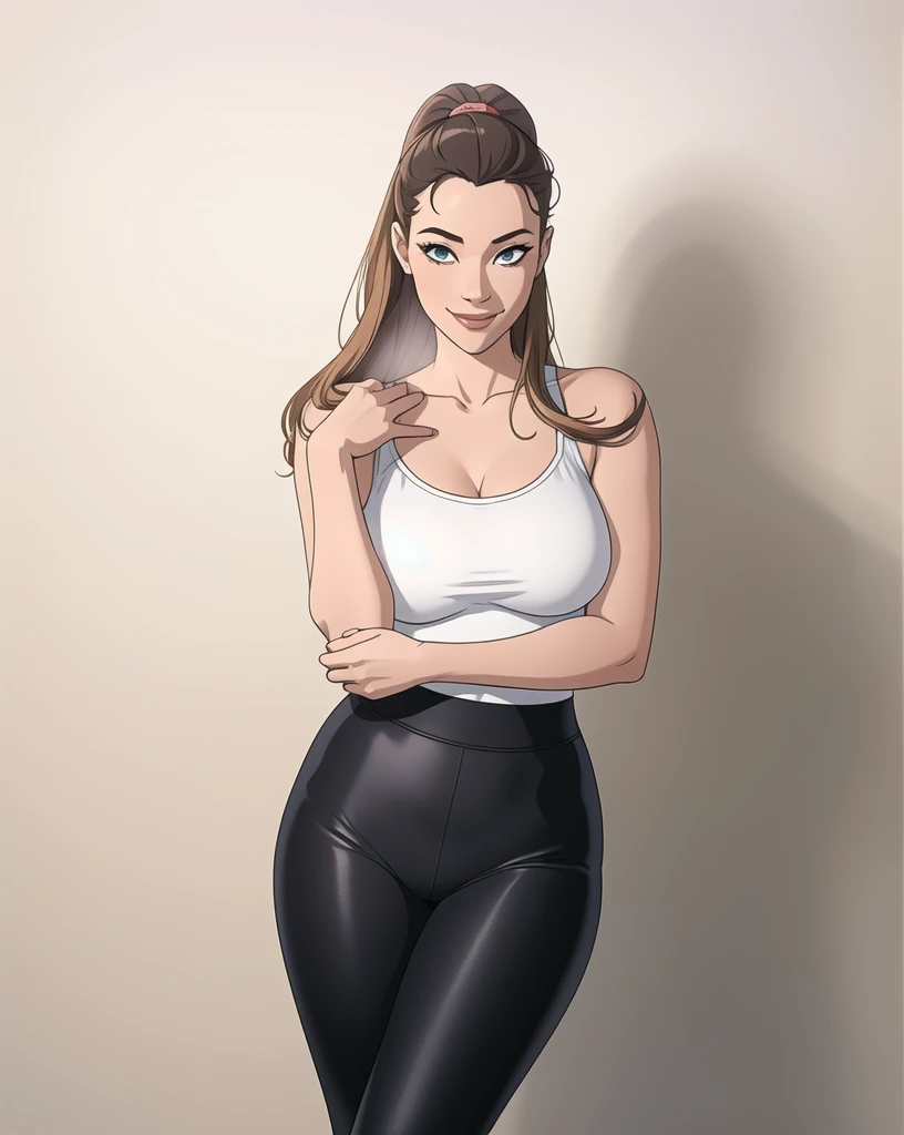 arafed woman in a white top and black pants posing for a picture,HD,young people, cartoons, happy, happy, excited, excited, joyful, ((surprise)), carefree, beautiful eyes, cute, smiling face, UWU, happy, proud, ((smiling face)),;3, uwu