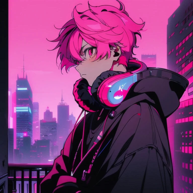 (short-cut), (Two-block hair), (vivid pink hair), (male character), (Red Eyes), (Cool pose), (of the highest quality), (​masterpiece), (ultra-detailliert), (Oversized hoodies), (Street), (neons), (Camera from a down angle), (Modern City), (neonsデイライト), (Cinematic), (Stylish), (hight resolution), (Hyper Detailed), (Looking at the camera), (Anime-style), (Softtown), (nightcore), (a handsome man), (Listening to music through headphones), (natural appearance of the building), (casual), (ig studios anime style), (multifaceted),