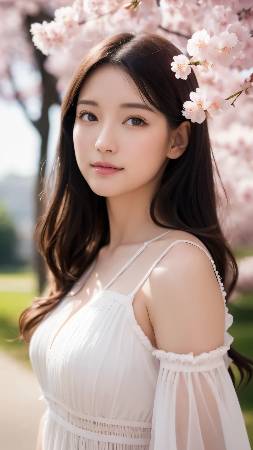 (A logo、​masterpiece、8K、masutepiece、Raw photo、Fantastic、Best Quality、フォトリアリスティックでighly detailedな CG 統合 8k 壁紙、hightquality、ighly detailed、epic poem、Particle effect、Dynamic effects、depth of fields、Cinematic Light、Lens Flare、Ray tracing)、Fantasia、 (Beauty 1 person、doress、Dress、Cherry blossom pattern、A dark-haired、Beautiful face、Real Face、beautiful details eyes beautiful skin)、髪がthe windで踊る、Hair flutters in the wind、Hair jumps、Pink cherry blossom tree、Petals flutter、Sakura blizzard、Superb view、morning glow、Sun in the background、the wind、