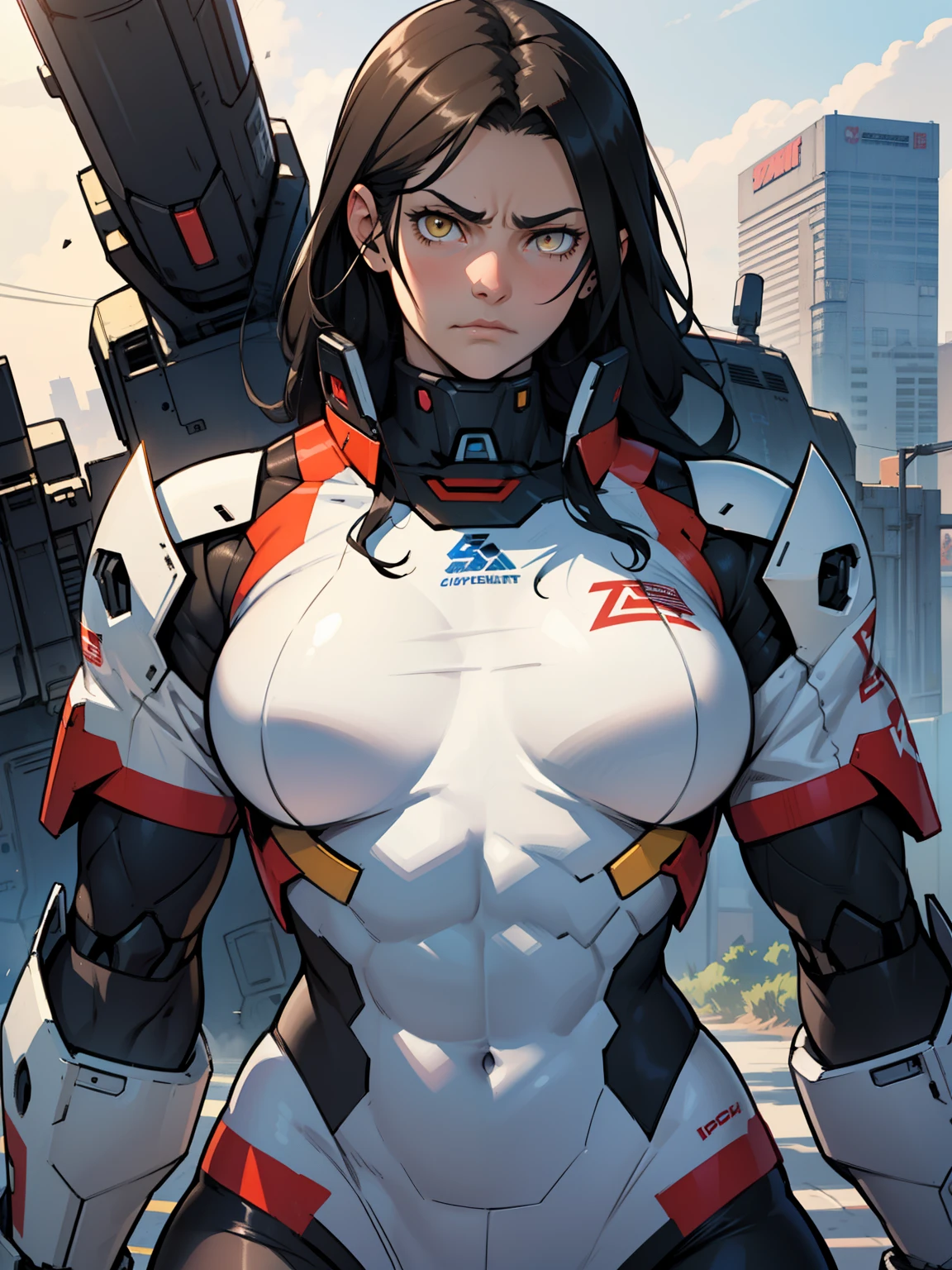 ((((muscular girl thick large breats toned body)))) sad frown girl black hair yellow eyes pale skin mecha mecha mecha mecha mecha mecha