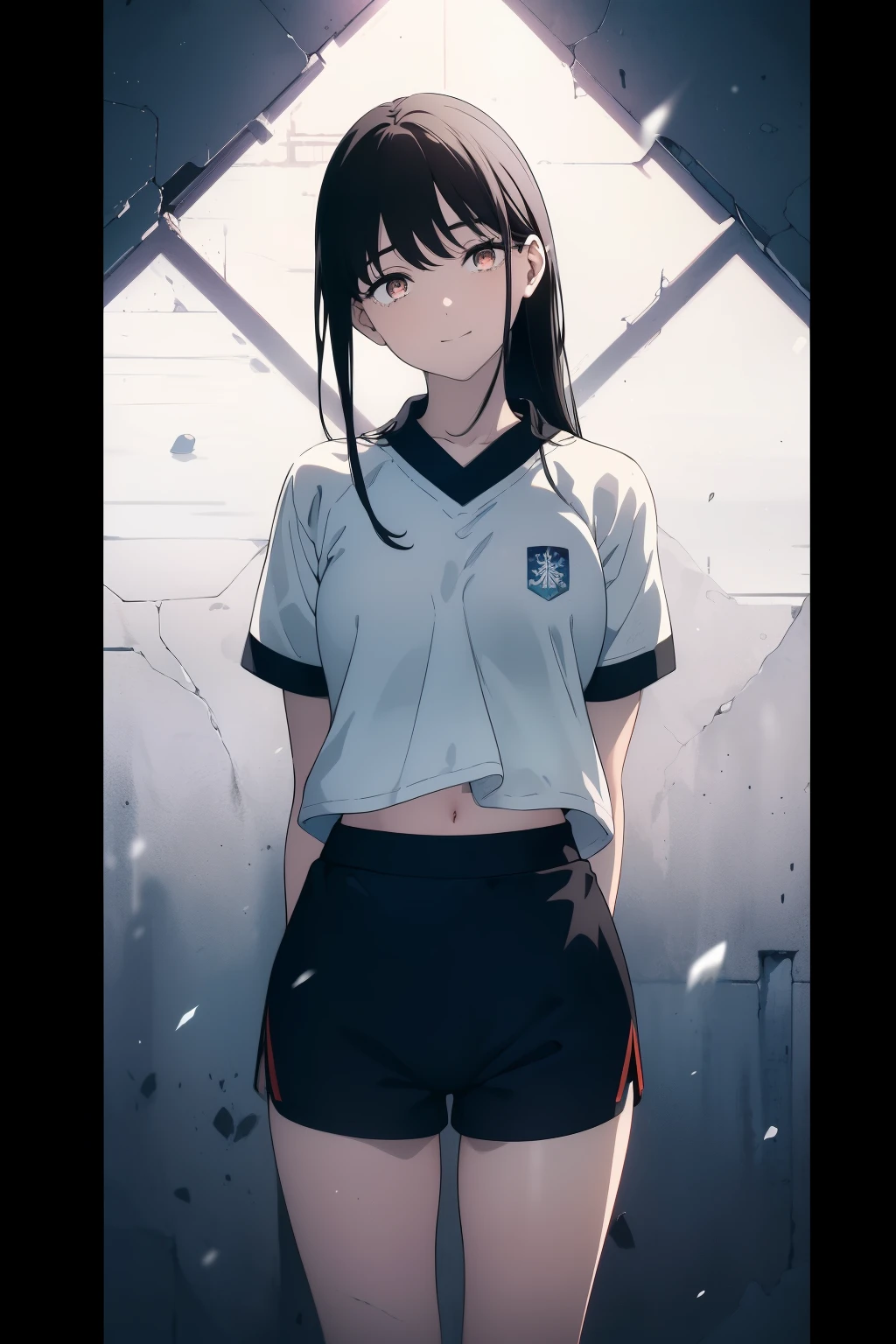 ((Obra maestra, La mejor calidad, ultrahigh resolution)), (((a girl in a Japanese gym uniform, blue Japanese ladies gym shorts, standing confidently, weilding a tennsis racket))), (((black hair, dark black hair))), long hair cut, pale skin, ((brown eyes)), glowing_eyes, neon eyes, (ultra detailed eyes:0.7, beautiful and detailed face, detailed eyes:0.9), ((centered)), ((cute smile, pretty)), ((wide shot)), facing viewer, eye level, ((vibrant background, snowy landscape, cityscape, snowing, snow)), flat chested, looking at viewer, ((half closed eyes)), ((perfect hands)), (((head:1, arms, hips, elbows, in view))), ((hands behind back)), empty eyes, beautiful lighting, outside, outdoors, background, defined subject, 18 years old, (head tilt)