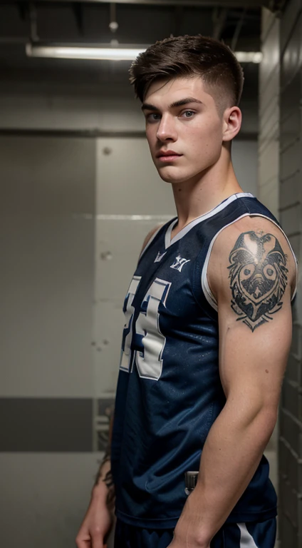 Young white man lacrosse player , , military haircut, black hair, intense blue eyes, intense gaze, affiliated features, no facial hair, height 1.93, weight 93 kg, muscular build, broad shoulders, V-shaped body, tattoos , full body focus, completely hairless,