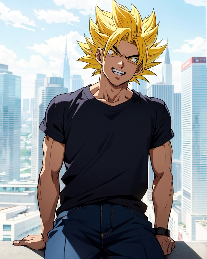 arafed man sitting on a ledge with a city in the background, super saiyan,(blond hair:1.5), ((yellow hair:1.5)),super saiyan goku, super sayan, super sayian goku, super saiyan 3, going super saiyan, dragon ball concept art, dragon ball artstyle, 4 k manga wallpaper, goku from dragon ball, an epic anime of a energy man, 4k anime wallpaper,smile,