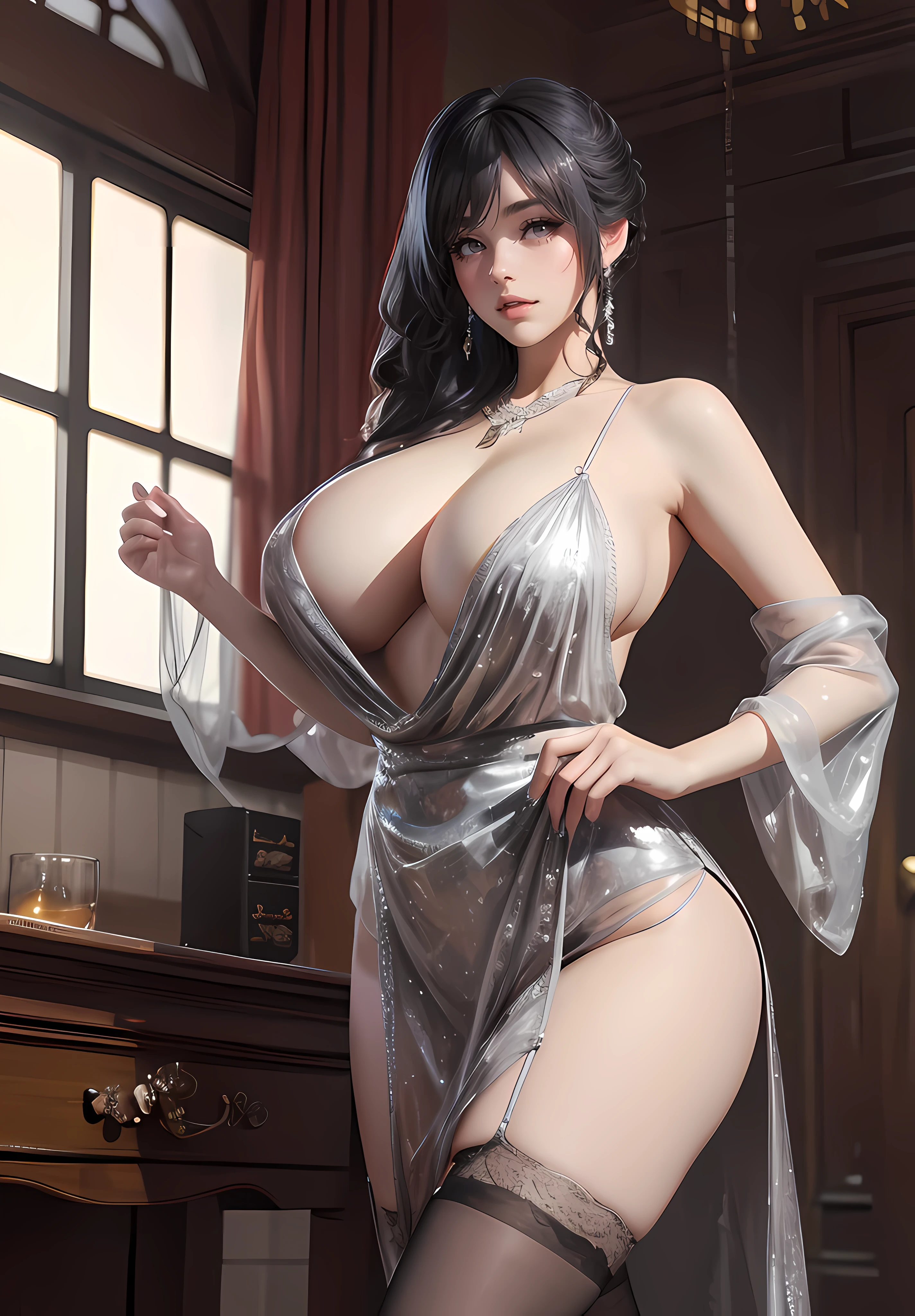 delicated face,Korean makeup,gigantic cleavage breasts,cleavage,Sheer tulle sheer dreslack lace stockings,Suspender stockings。