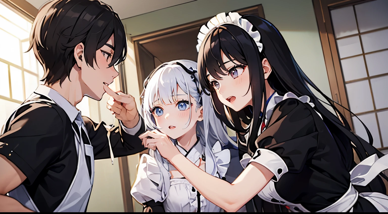 Two beautiful and adorable Japanese supermodel girls brutally lynching and abusing a man in cosplay costumes.。、 A girl in a maid uniform and a girl in a white cyber dress high kick a man from the front and back