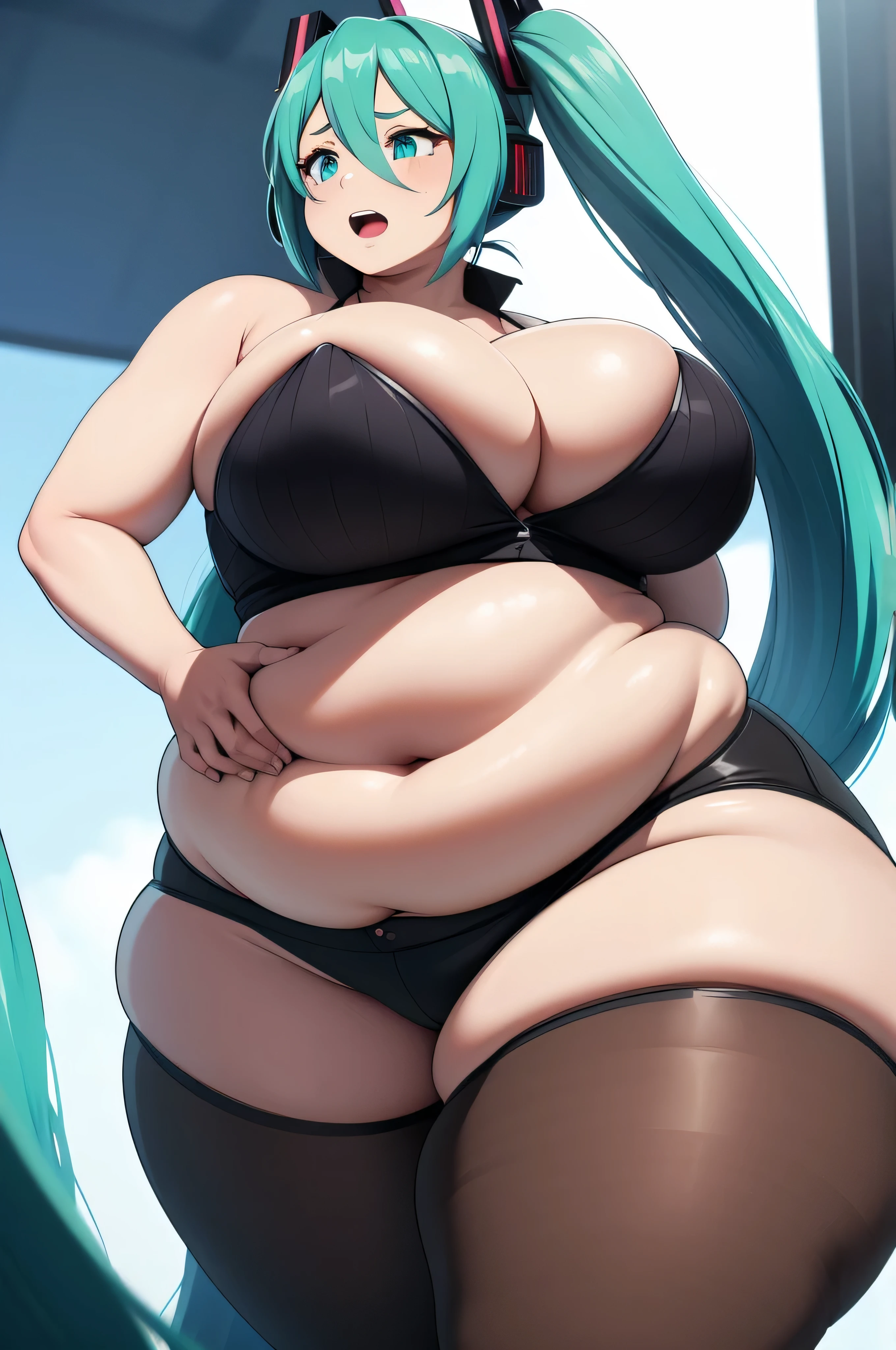 Hatsune miku, Curvy, muito gordo, (quadris largos:1.3), coxas enormes, grossas e macias, SSBBW, muito gordo flabby arms, realistic lighting, High detail, Qualidade HD, Rosto detalhado, sombreamento realista, rolos de gordura, massive size, gigantescos enormes seios transbordando de gordura, massive cleavage, Peso pesado, plussize, everything is fat, textura macia, olhos grandes bonitos, semi-realista, Dynamic angle, Dancing and singing on stage, vocaloid pattern clothes