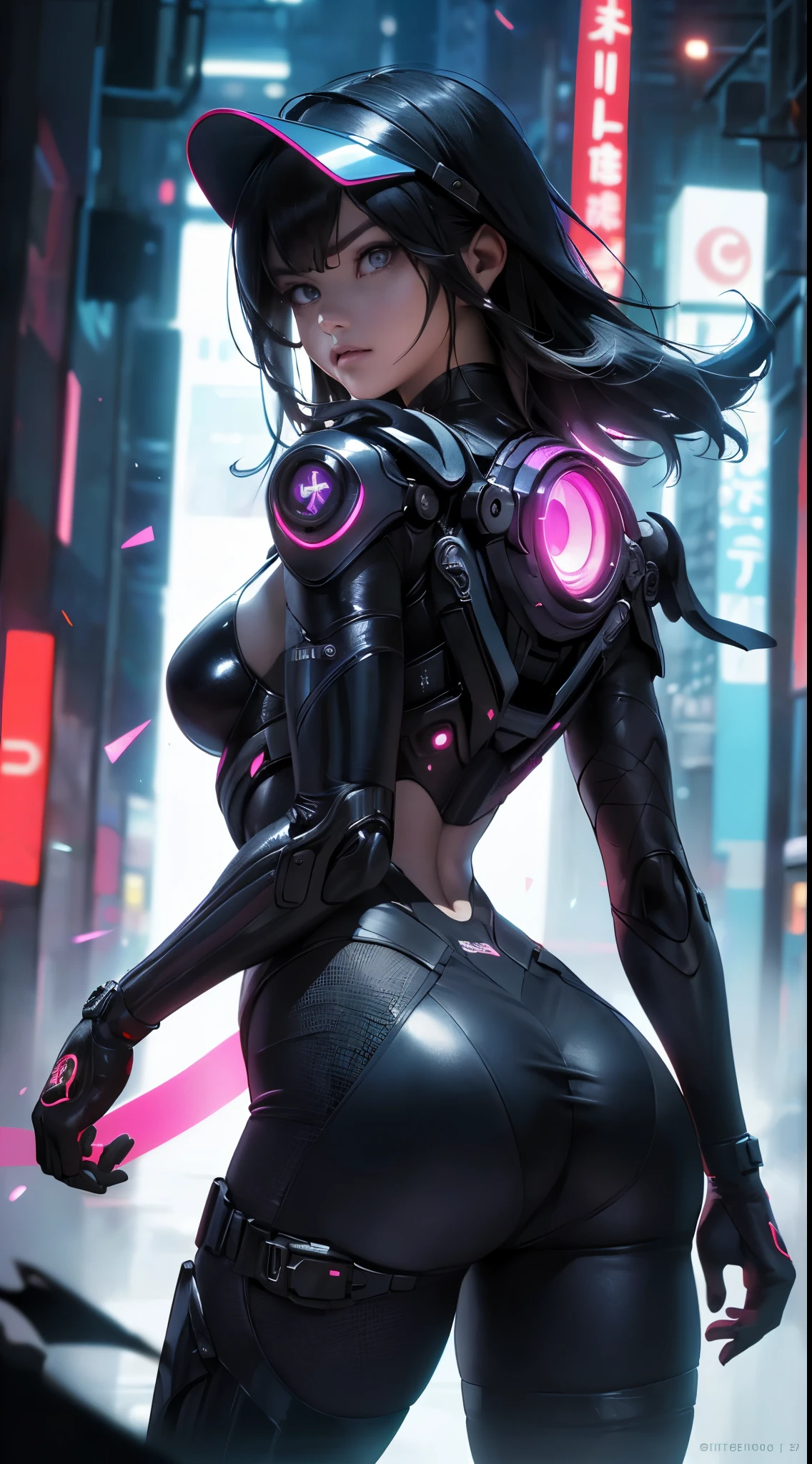 highest qualityr))、((obra maestra)、cyberpunked、large buttockss、arrodillarse、Electronic visor attached to the face of a 12-year-old girl with emphasis on the buttocks、Red latex body,Moda cyberpunk、Pose sexy、(Usar polainas amarillas en la parte inferior del cuerpo、Agrandamiento de los senos、Neon lights in the dark city at night,motor irreal:1.4,UHD,La mejor calidad:1.4, fotorrealista:1.4, textura de la piel:1.4, obra maestra:1.8,obra-prima, mejor calidad,（Beautiful and detailed eye description）