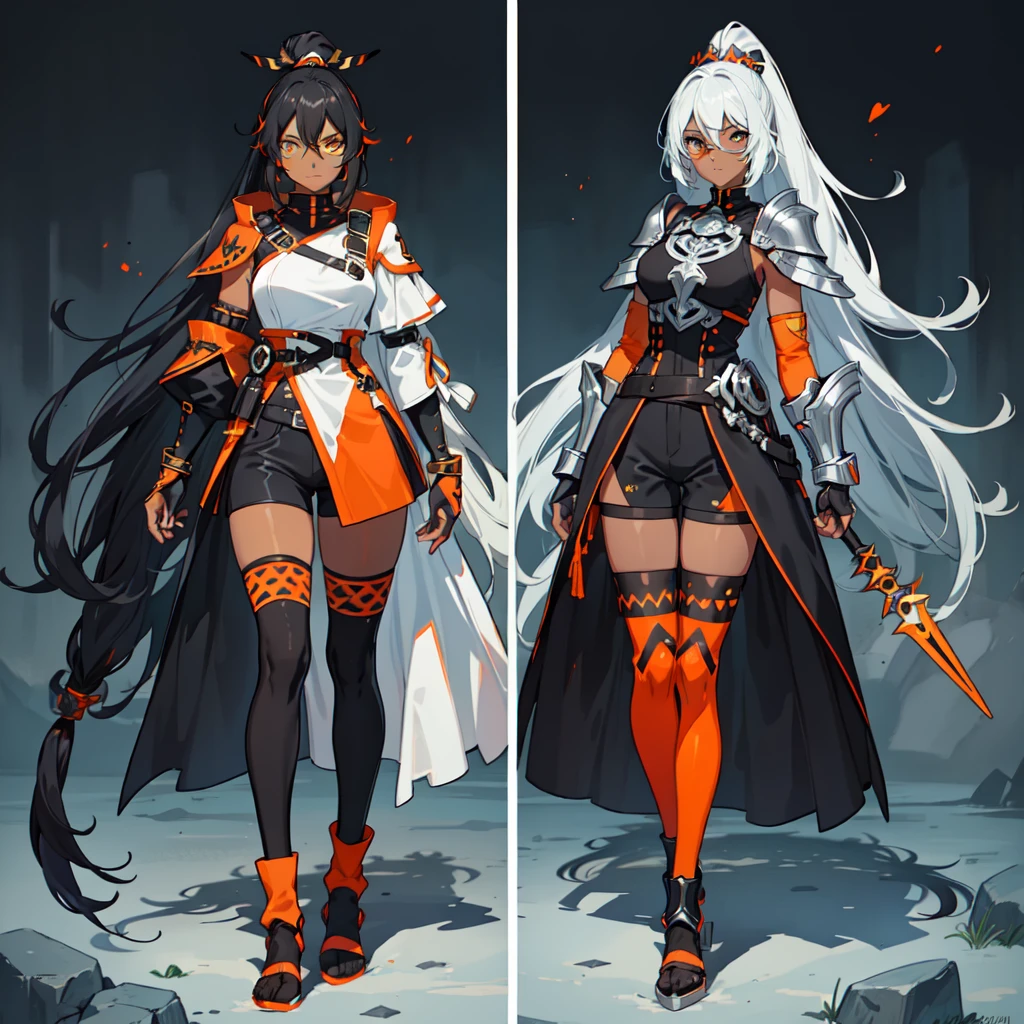 (((One character))), Female, (((Dark Skin)))), Black Hair with Ponytail, Light Blue Eyes, Round Glasses with a Little Dark Lens with this Lens being Orange, and the Light Blue Color frame, (((Black Metallic Gauntlets and Greaves with Orange and Silver Highlights)), (((The Clothes Have a Mix of Modern and Tribal)))), Having Mostly Black Color, but having Orange Parts, Shoulders on Display, On the Hip a Shorts extending to Half of the Thigh of black color.
