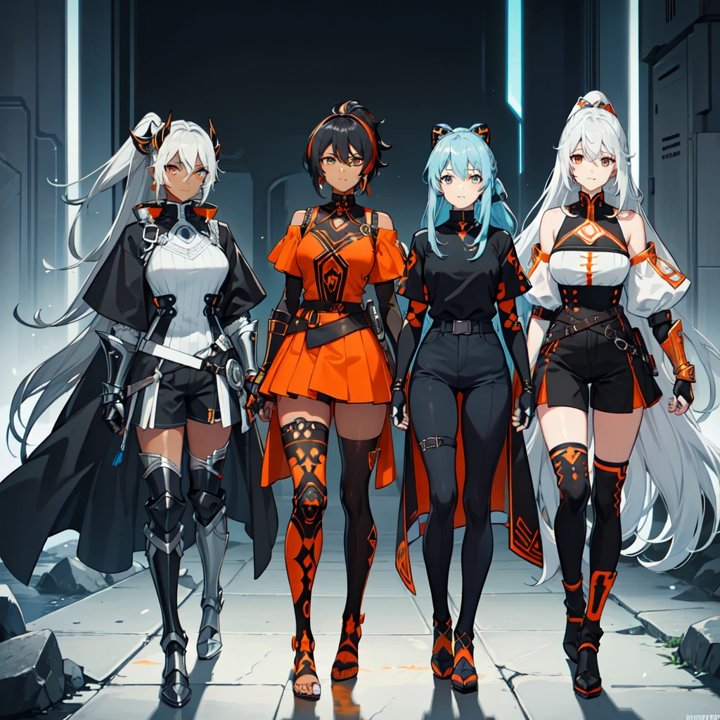 masterpiece, best quality, absurdres, 3 girls (((full body))), standingn, lots of clothes,three character, mecha armored girl, (dark skin), a mix of tech and tribal, Black hair with a ponytail, Light Blue eyes, and a Light Blue frame, ((Black Metallic Gauntlets and Greaves with Red and Silver Highlights)), (((The Clothes have a Mix of Modern and Tribal))), mostly black, but with parts in red, Shoulders on Display, On the hip, a short that extends to mid-thigh in black, full body