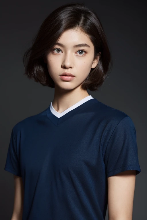 20yr old、femele、Emphasis on the chest、Dark blue recruit suit、Background Office、Fashionable、short-cut、VNeck T-shirt、brown haired