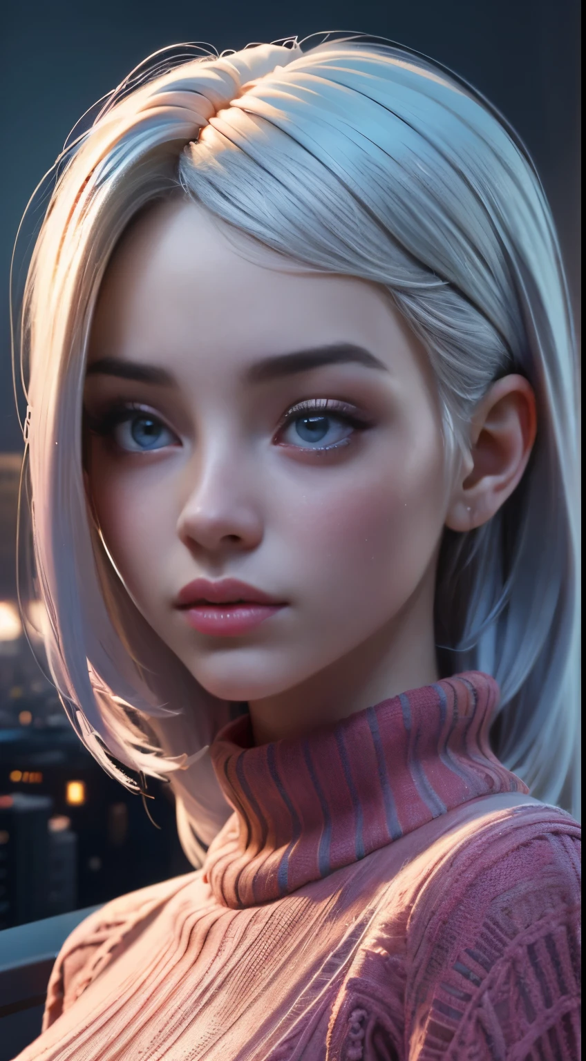 photo of Billie Eilish, RAW, beautiful woman, ((portrait)), ((detailed face:1.2)), ((detailed facial feature, detailed skin, clear skin), (perfect proportioned body), (wearing a colorful sweater) (high detailed city environment, apartment balcony), (realistic photo, best quality, detailed), (8k wallpaper), (cinematic lighting, dramatic lighting) (sharp focus, intricate)