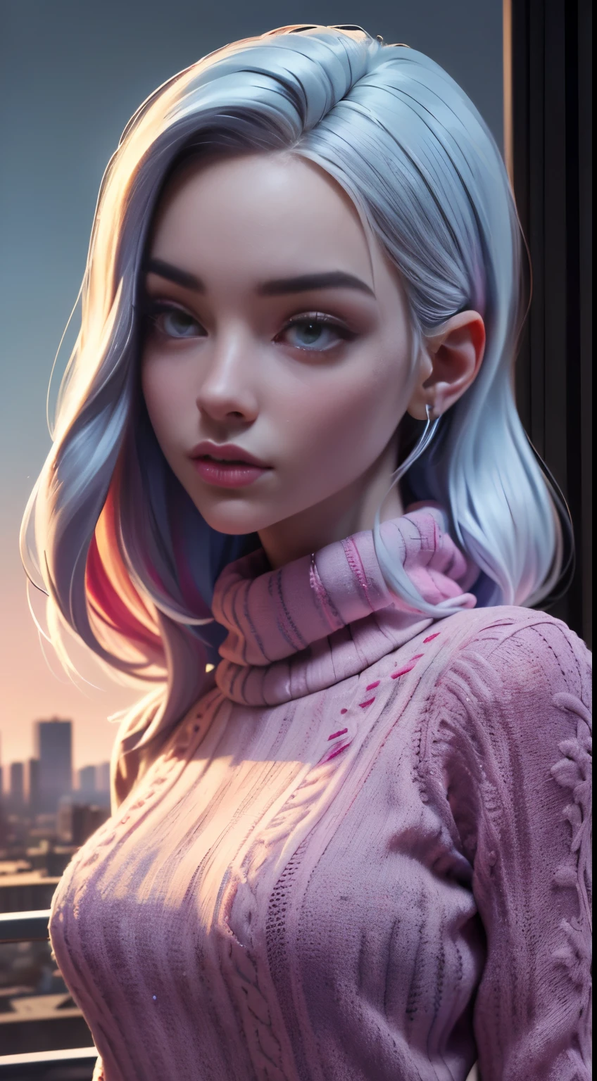 photo of Billie Eilish, RAW, beautiful woman, ((portrait)), ((detailed face:1.2)), ((detailed facial feature, detailed skin, clear skin), (perfect proportioned body), (wearing a colorful sweater) (high detailed city environment, apartment balcony), (realistic photo, best quality, detailed), (8k wallpaper), (cinematic lighting, dramatic lighting) (sharp focus, intricate)