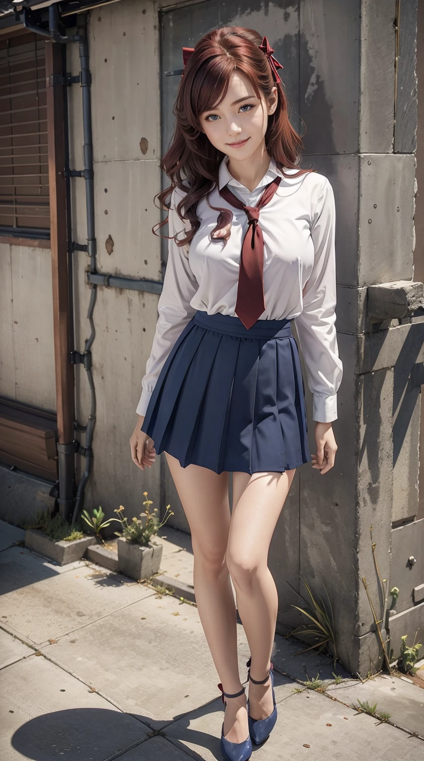 26 year old white woman、Hair color is reddish、Hair is wavy、Decorate your hair with a ribbon、Eye color is blue、Longhaire、A slender、a smile、Wearing a sailor suit、He wears an azuki-colored ribbon tie.、She's wearing a dark blue pleated skirt.、I'm wearing low heels、standing against an old concrete wall、a smile、Head-on perspective、Breast size、A slenderだが均整の取れた細マッチョな身体