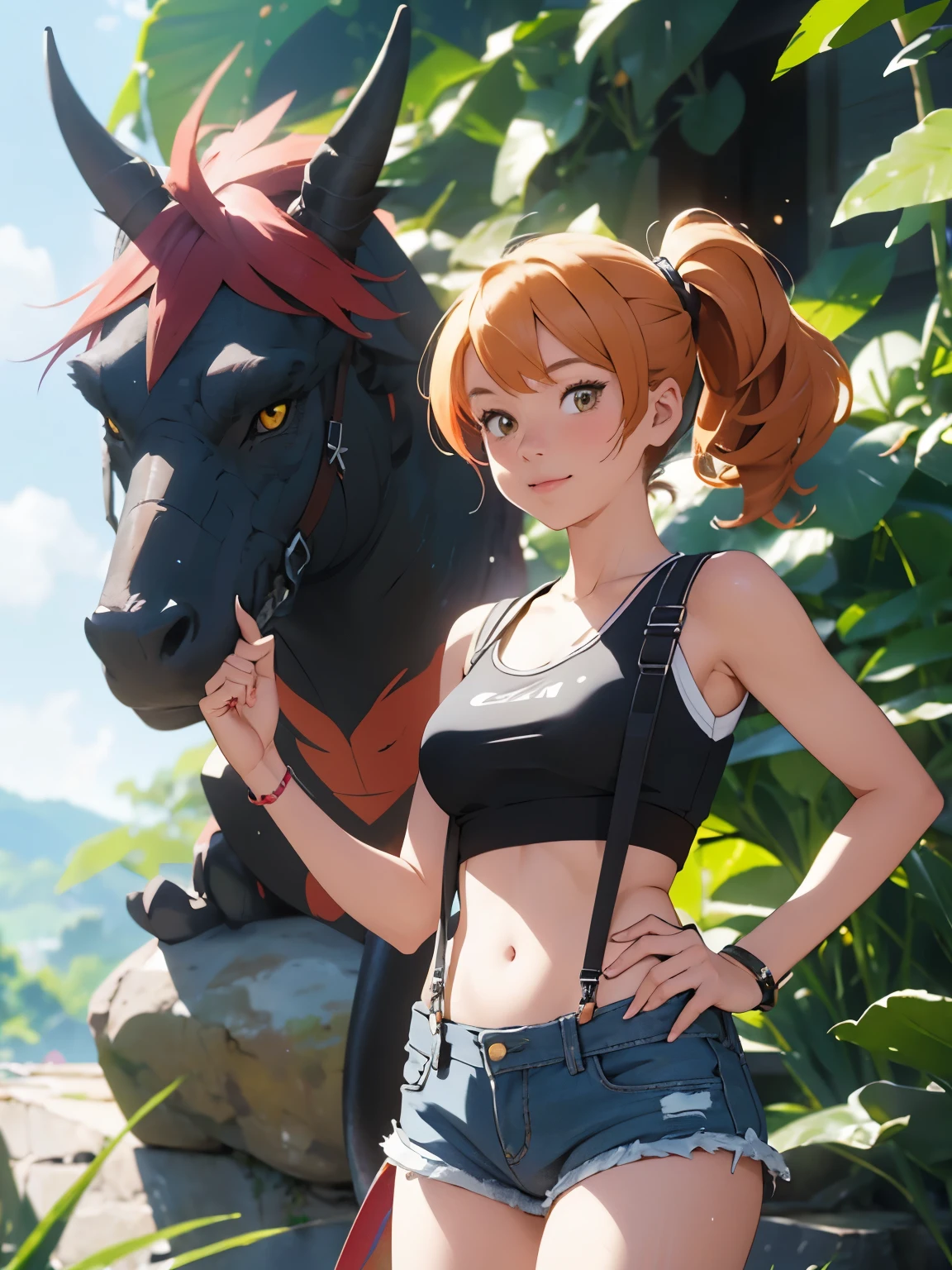 1girl, Misty from Pokémon, standing outdoors with a confident smile. Orange hair styled in a side ponytail, wearing denim shorts with suspenders, yellow crop top that shows off her midriff and navel. Yellow tank top. Cowboy shot posture exudes confidence and strength.
Misty is accompanied by a cute Dragon.
Overall, the image is a masterpiece, with high-quality details and a realistic rendering of Misty, her outfit, and her companion dragon. The colors are vivid and eye-catching, and the image is high-resolution, capturing every nuance of Misty's confident and adventurous spirit.