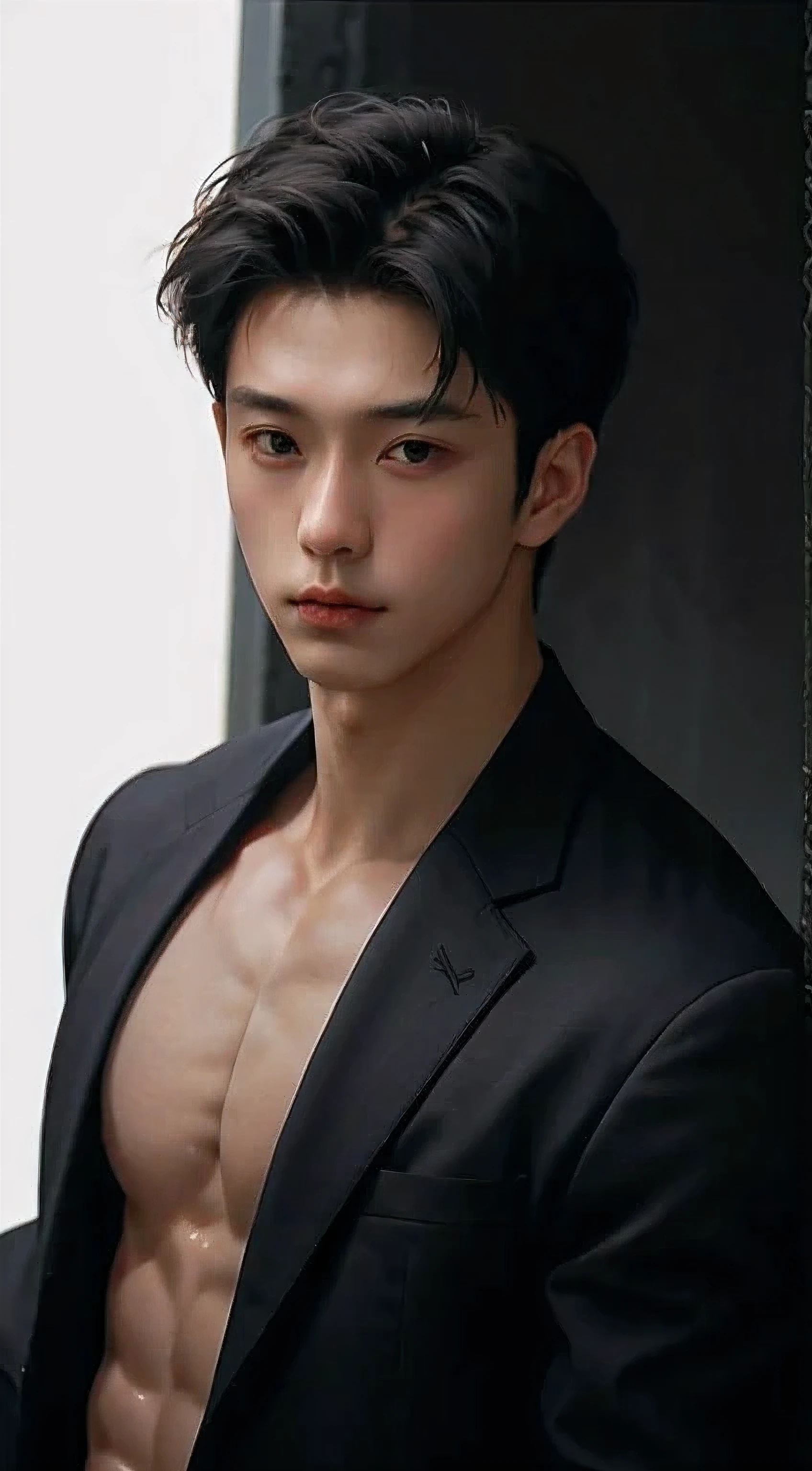1人,25-year-old muscular man,Wearing a black suit ,Whole body 80%leave this country,gentlesoftlighting,tmasterpiece,Best quality,8k ultra high definition,digital SLR camera,filmgrain,Fujifilm XT3 realistic painting art by Midjourney and greg rutkowski,Soft background light,solid black background,You can see 8 pack abs,The expression is grim,Short hair details