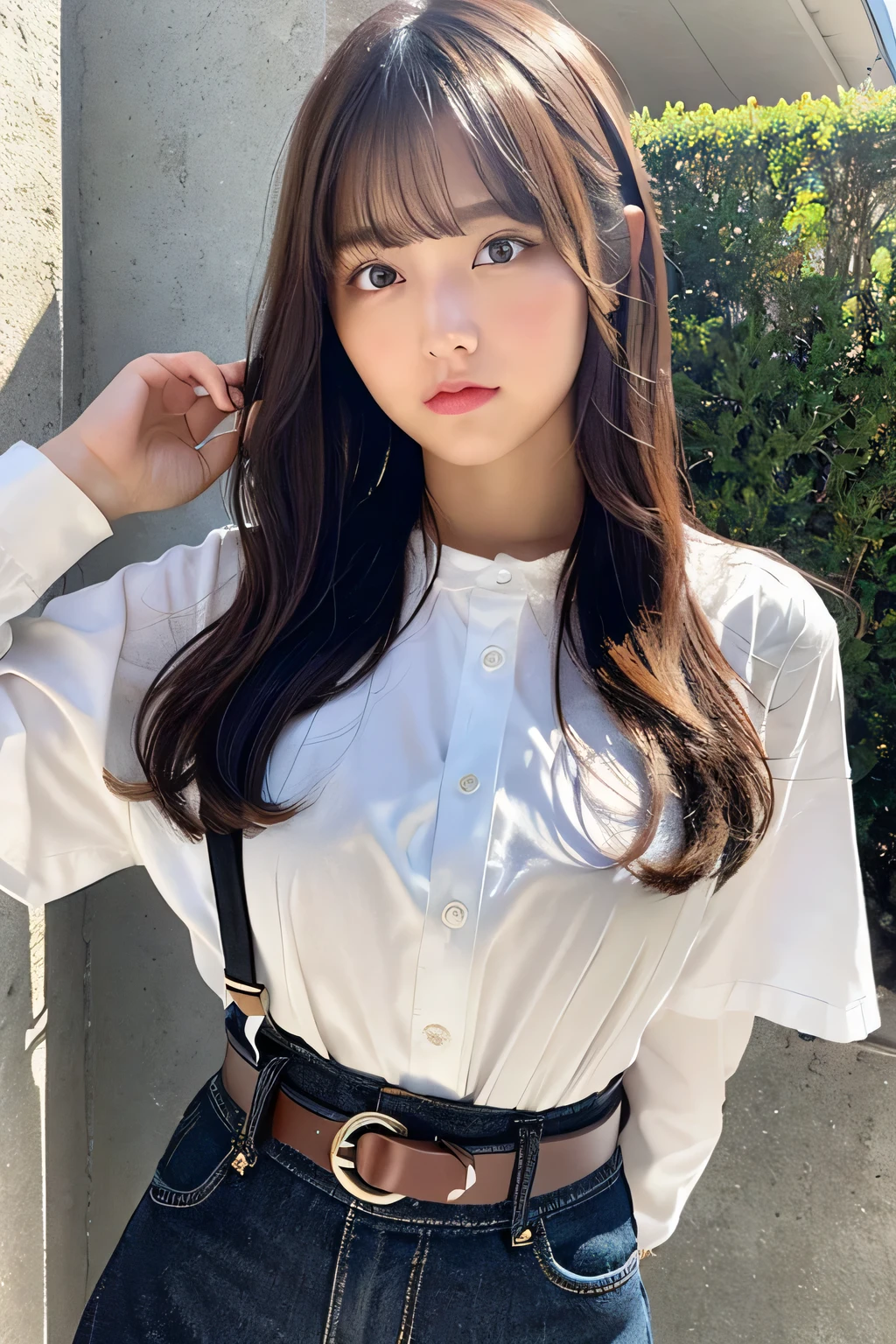 masterpiece、flat-colors、depth of fields、lens flare 1 girl、、Brown hair、watching at viewers a belt black suspenders Puffy breasts わきperspiring perspiring Side of both hands wall rack pants, Gaze a small face Bangs Upper Eyes aside cutter shirt Big breasts