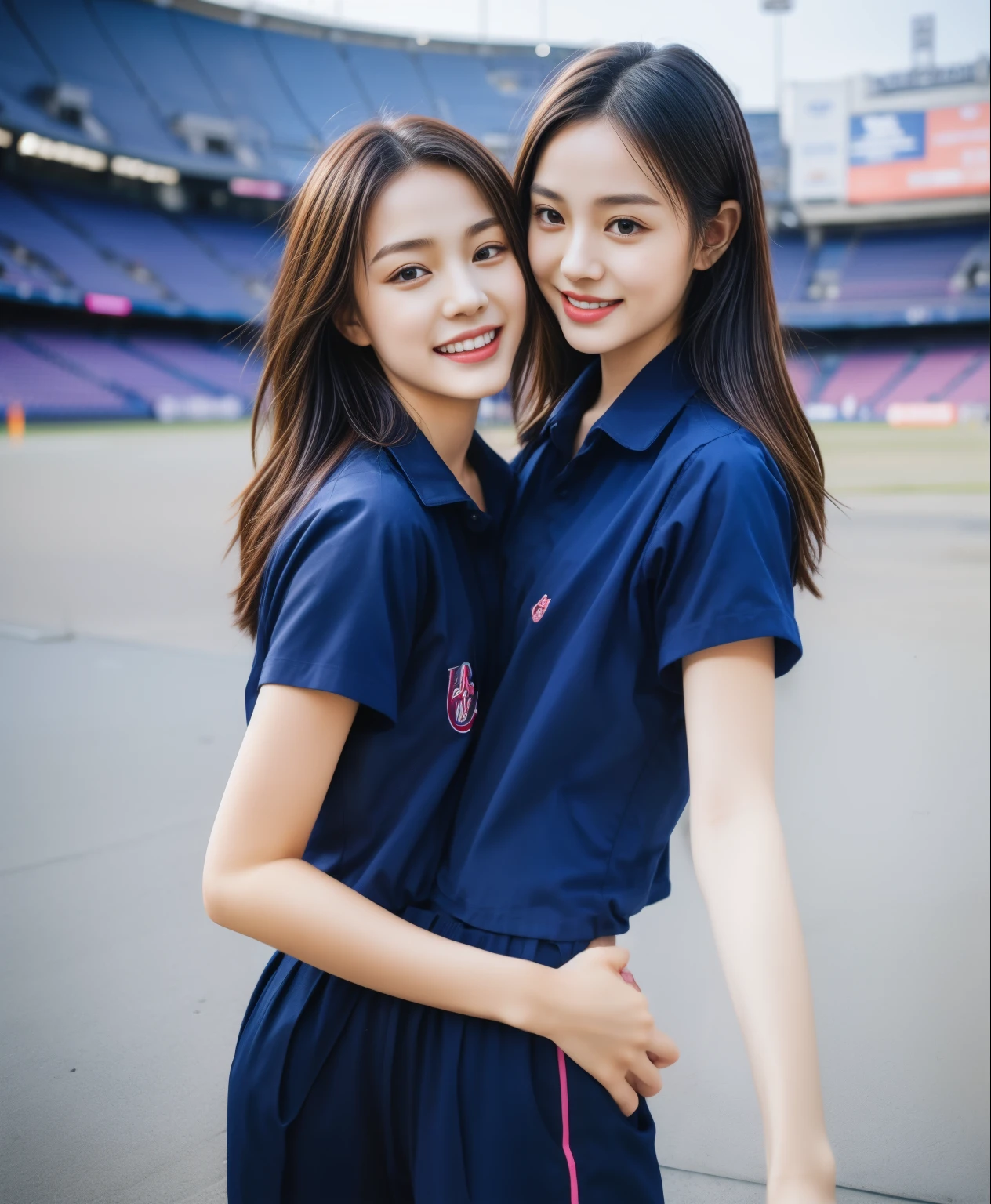 (bestquality,10,10,highres,masterpiece:1.2),ultra-detail,(Realistic,ภาพRealistic,photo-realistic:1.37),1 Cute girl in the football field,oily shiny skin,bara,light smile,BDclothelue shirt:1.3)),short sleeves,shirt, trousers.,(navy_long_ติดตามtrousers:1.1), ((Stadium Background:1.3)),dynamic angle,excited,face focus,Dynamic Poses,from behide,Ass Focus,masterpiece, bestquality, ultra realistic, hyper-detail, 8k resolution, RAW photo, crisp focus, ((Navy blue shirt:1.1)), short sleeves, เส้นทางlong, Complete bodyแบบ, 2 mature women, 18yo, cinematic light,trousersวอร์มสีน้ําเงิน,Gymware,Correct anatomy,Complete body, Correct body, sharp face, Correct bodyทางกายวิภาค, full entire body, Realistic gestures, long-haired, Realistic poses,Wear long shorts.............................................,ช่วงขาlong,Shapely,Sculpting Girl, Slender Figure, mannequin mannequins, Shapely, Beautiful body,trousersวอร์มสีน้ําเงิน, Two girls kissing