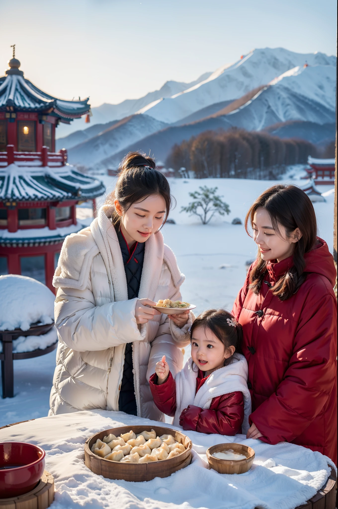 24 solar terms, （winter solstice）In northern China，Every year on the winter solstice, Family reunification, Mom and Dad and little girl make dumplings together and eat dumplings。Everything comes to life against a fantastic backdrop, with lots of details