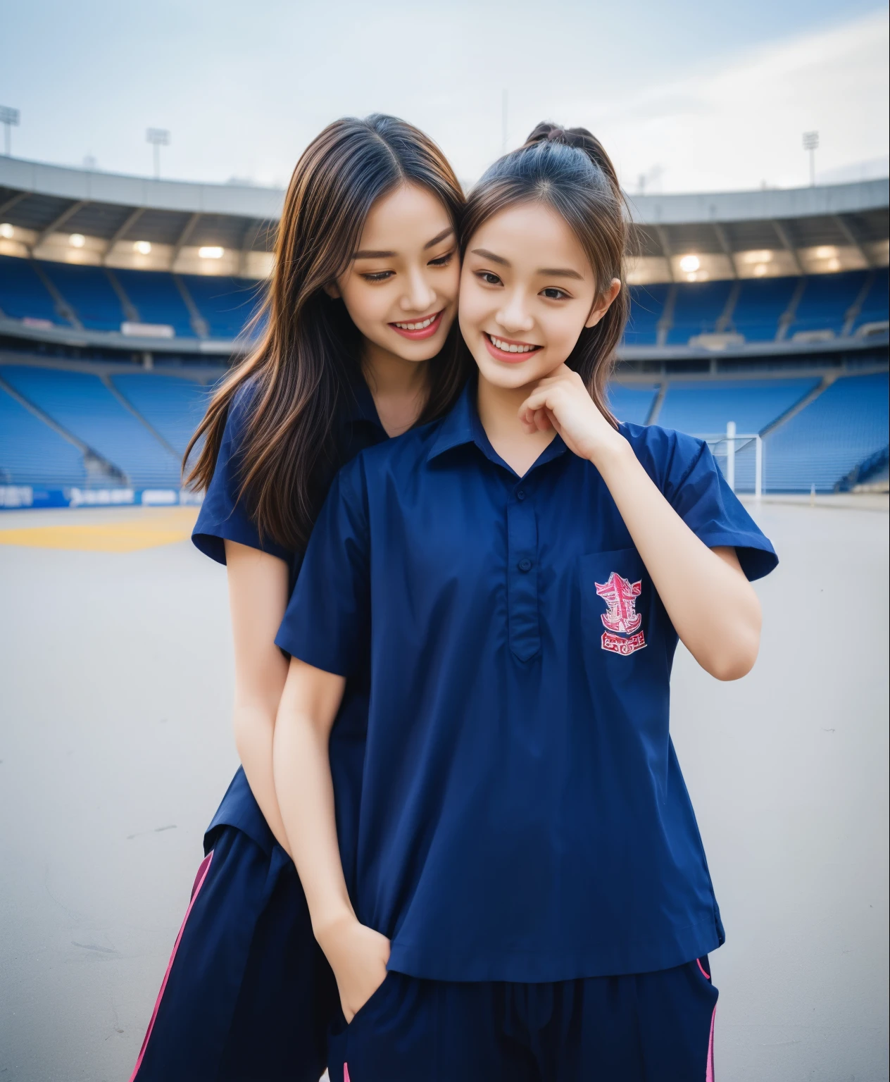(bestquality,10,10,highres,masterpiece:1.2),ultra-detail,(Realistic,ภาพRealistic,photo-realistic:1.37),1 Cute girl in the football field,oily shiny skin,bara,light smile,BDclothelue shirt:1.3)),short sleeves,shirt, trousers.,(navy_long_ติดตามtrousers:1.1), ((Stadium Background:1.3)),dynamic angle,excited,face focus,Dynamic Poses,from behide,Ass Focus,masterpiece, bestquality, ultra realistic, hyper-detail, 8k resolution, RAW photo, crisp focus, ((Navy blue shirt:1.1)), short sleeves, เส้นทางlong, Complete bodyแบบ, 2 mature women, 18yo, cinematic light,trousersวอร์มสีน้ําเงิน,Gymware,Correct anatomy,Complete body, Correct body, sharp face, Correct bodyทางกายวิภาค, full entire body, Realistic gestures, long-haired, Realistic poses,Wear long shorts.............................................,ช่วงขาlong,Shapely,Sculpting Girl, Slender Figure, mannequin mannequins, Shapely, Beautiful body,trousersวอร์มสีน้ําเงิน, Two girls kissing